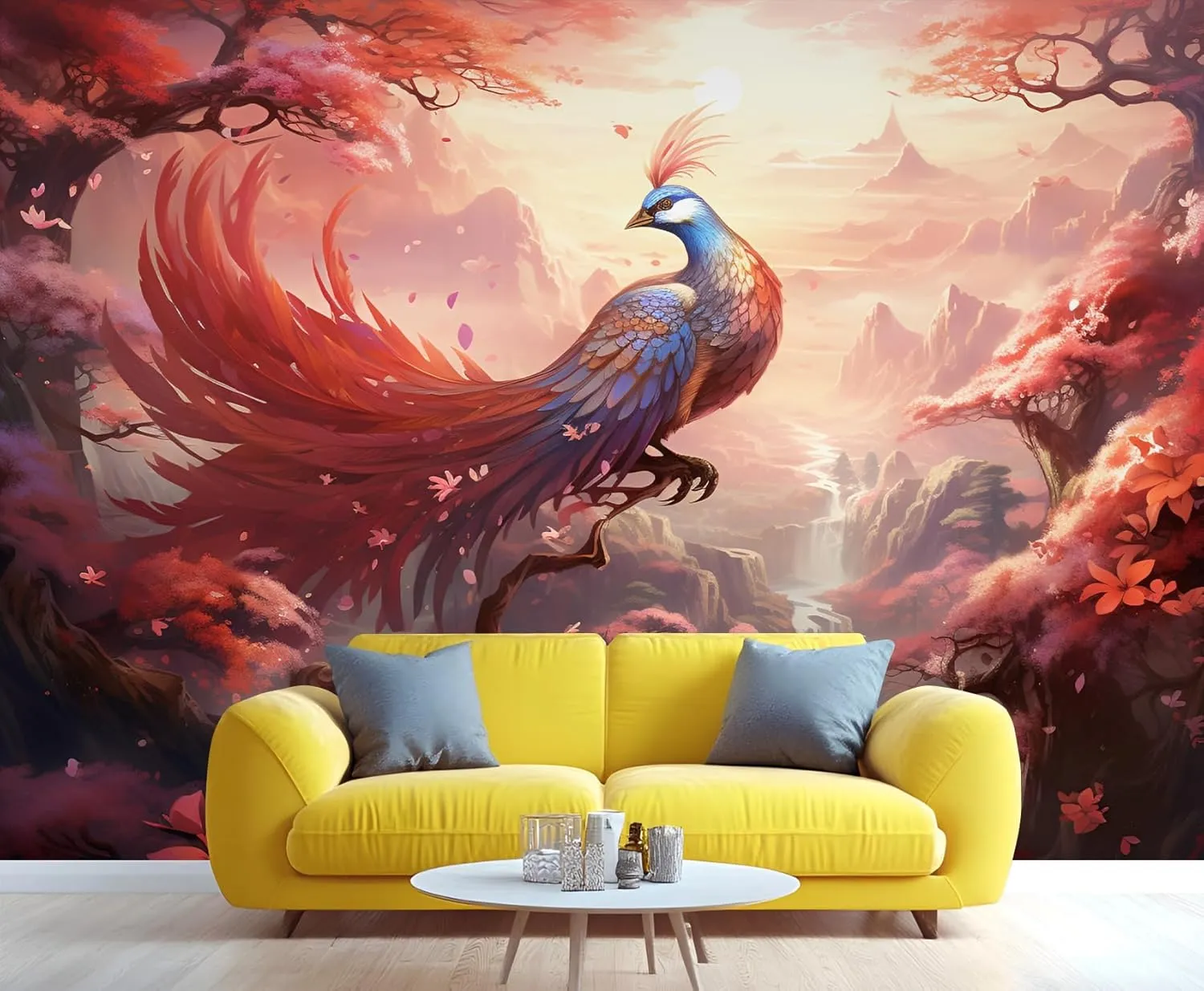 Fantasy Phoenix Mural Wallpaper Cherry Blossom Japanese Style Phoenix Wall Mural Mythical Creature Bedroom Wallpaper for Sofa Wall Living Room Studio 78.7" x 55.2"
