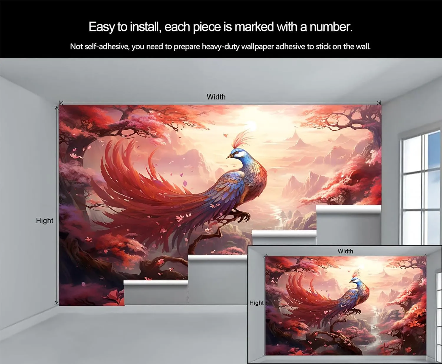 Fantasy Phoenix Mural Wallpaper Cherry Blossom Japanese Style Phoenix Wall Mural Mythical Creature Bedroom Wallpaper for Sofa Wall Living Room Studio 78.7" x 55.2"
