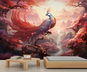 Fantasy Phoenix Mural Wallpaper Cherry Blossom Japanese Style Phoenix Wall Mural Mythical Creature Bedroom Wallpaper for Sofa Wall Living Room Studio 78.7" x 55.2"