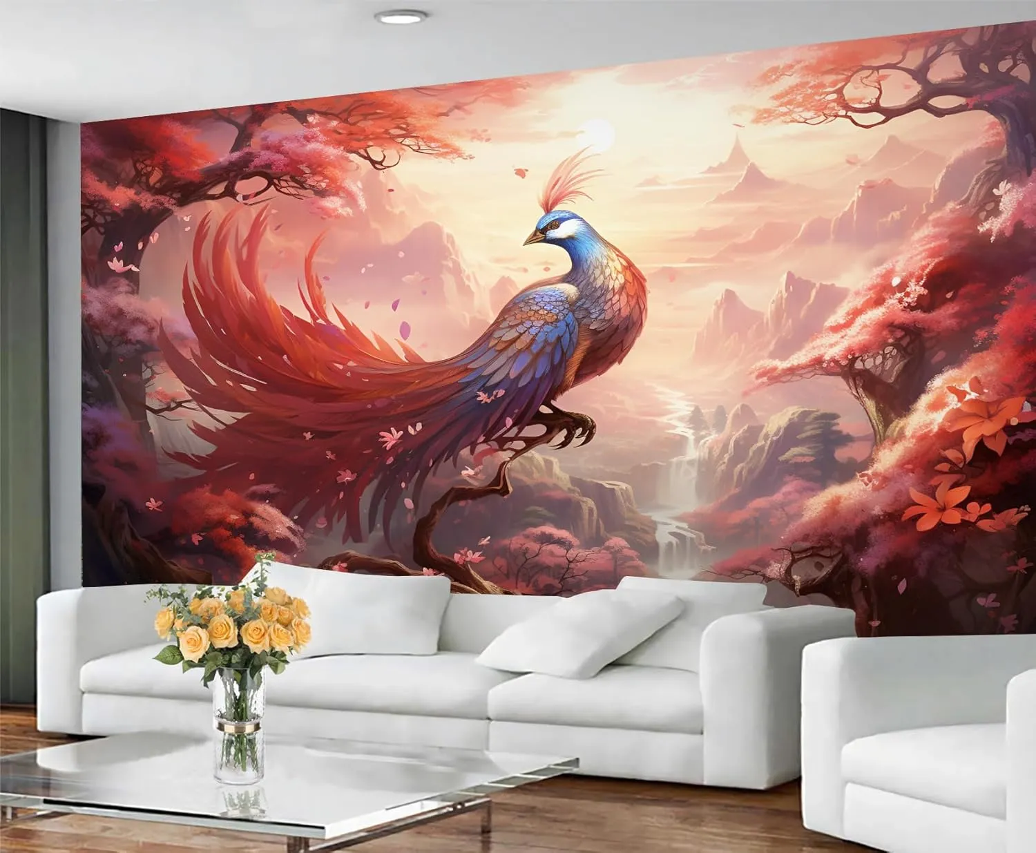 Fantasy Phoenix Mural Wallpaper Cherry Blossom Japanese Style Phoenix Wall Mural Mythical Creature Bedroom Wallpaper for Sofa Wall Living Room Studio 78.7" x 55.2"