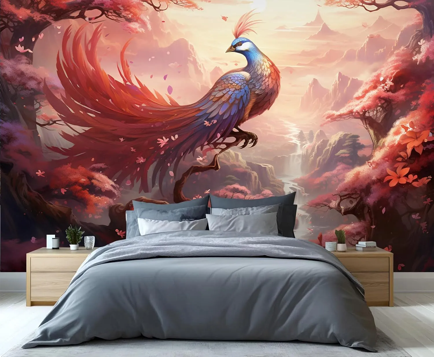 Fantasy Phoenix Mural Wallpaper Cherry Blossom Japanese Style Phoenix Wall Mural Mythical Creature Bedroom Wallpaper for Sofa Wall Living Room Studio 78.7" x 55.2"