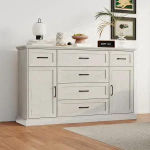 Farmhouse Sideboard Buffet Cabinet with 6 Drawers and 2 Doors, Credenza Sideboard with Shelves, Wood Grain Surface, Black Handles & Raised Base, Ivory 15.7" D x 61" W x 37.2" H