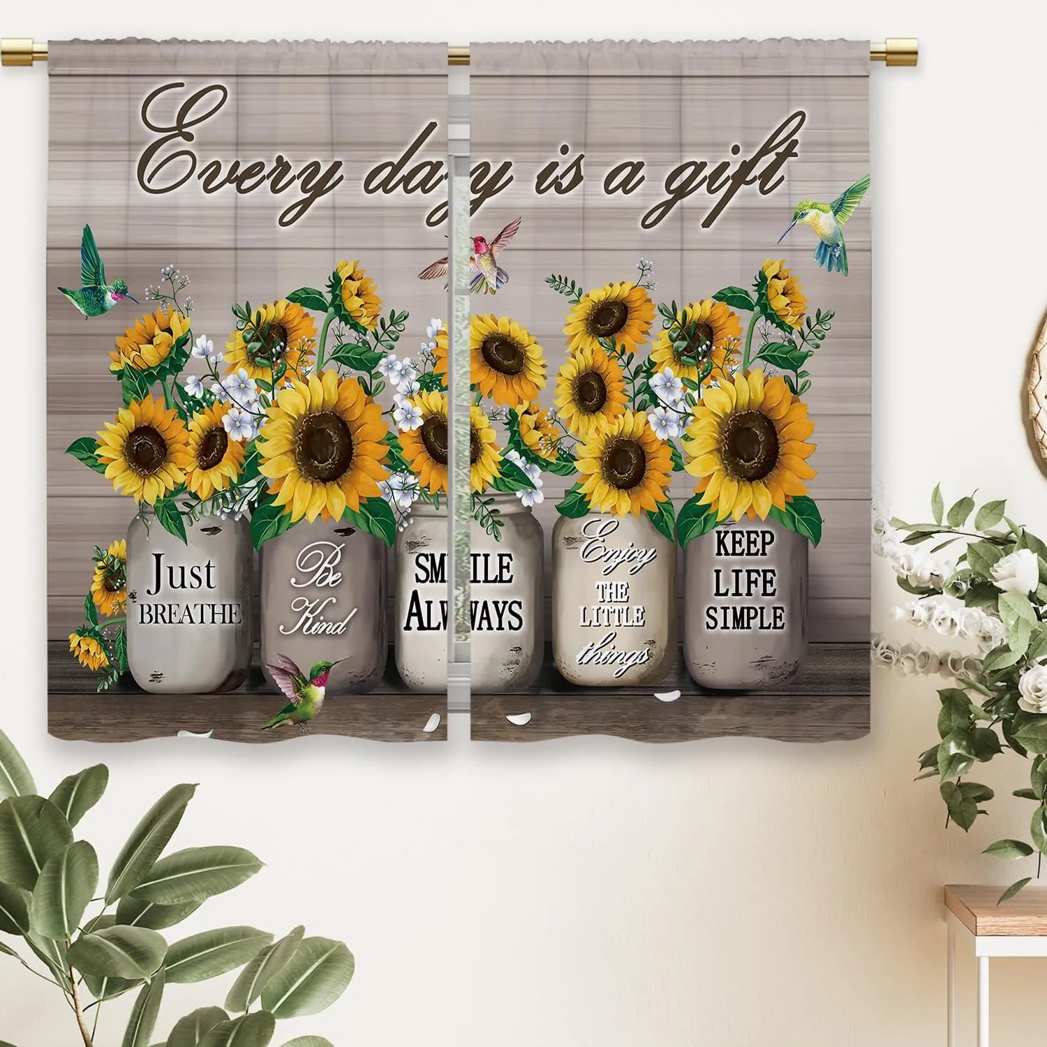 Farmhouse Sunflower Kitchen Curtains Rustic Flower Country Floral Small Short Cafe Window Curtains Vintage Brown Plank Wooden Bathroom Window Drapes Treatment Tier Curtains (27.5x39 Inch)