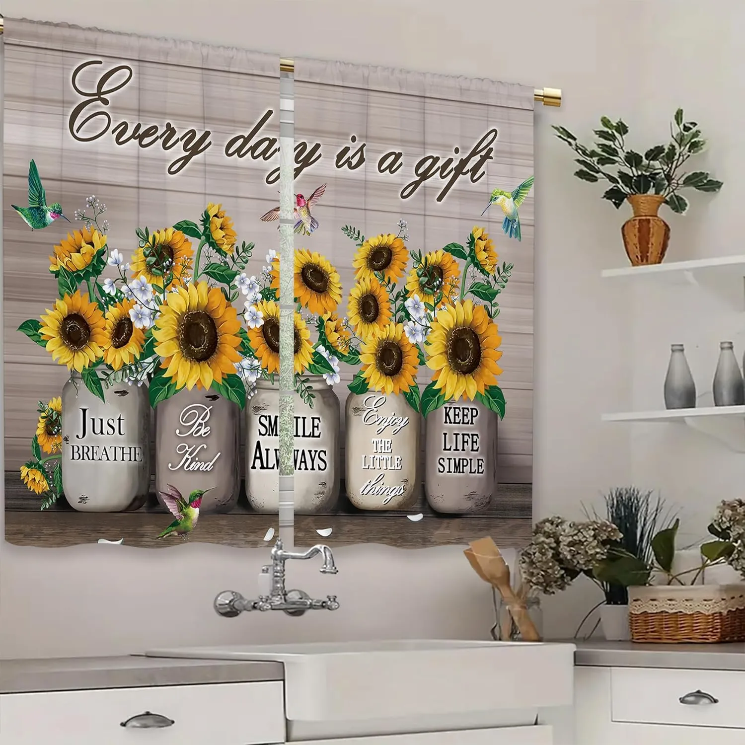 Farmhouse Sunflower Kitchen Curtains Rustic Flower Country Floral Small Short Cafe Window Curtains Vintage Brown Plank Wooden Bathroom Window Drapes Treatment Tier Curtains (27.5x39 Inch)