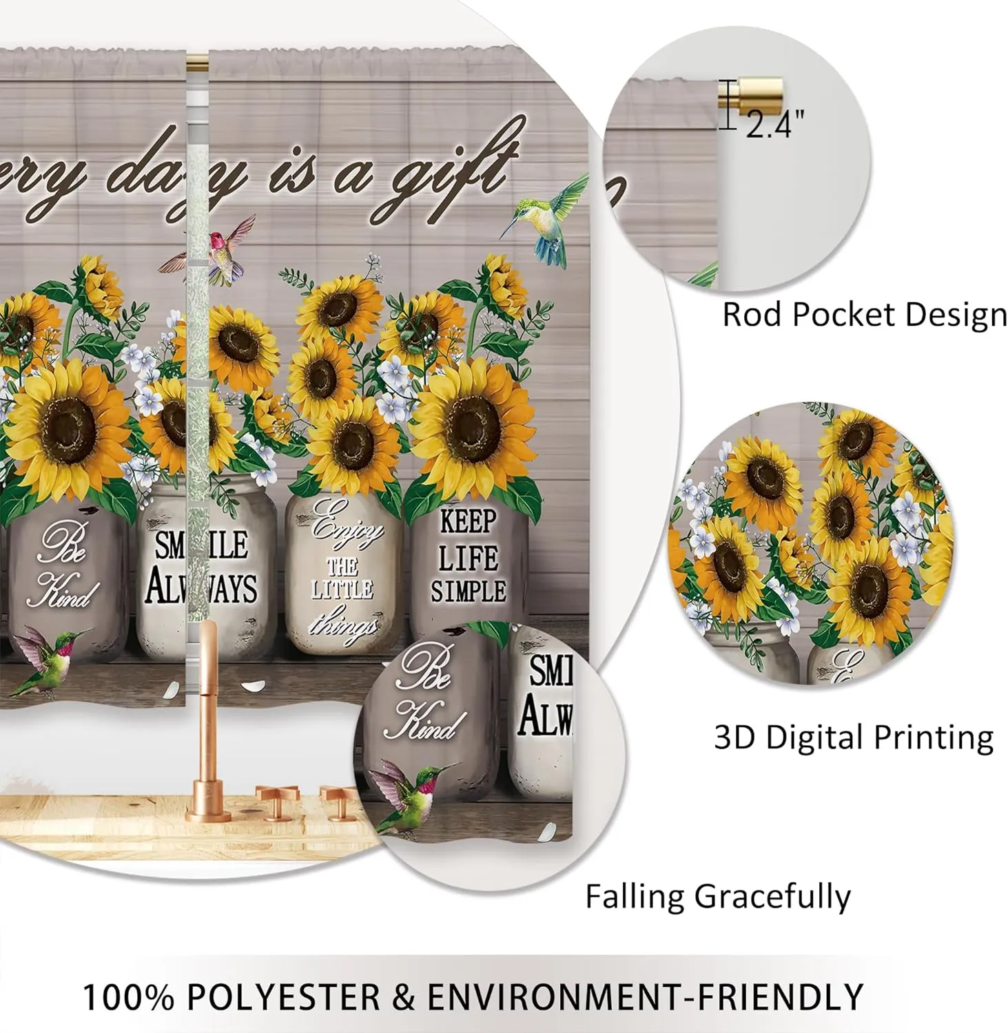 Farmhouse Sunflower Kitchen Curtains Rustic Flower Country Floral Small Short Cafe Window Curtains Vintage Brown Plank Wooden Bathroom Window Drapes Treatment Tier Curtains (27.5x39 Inch)