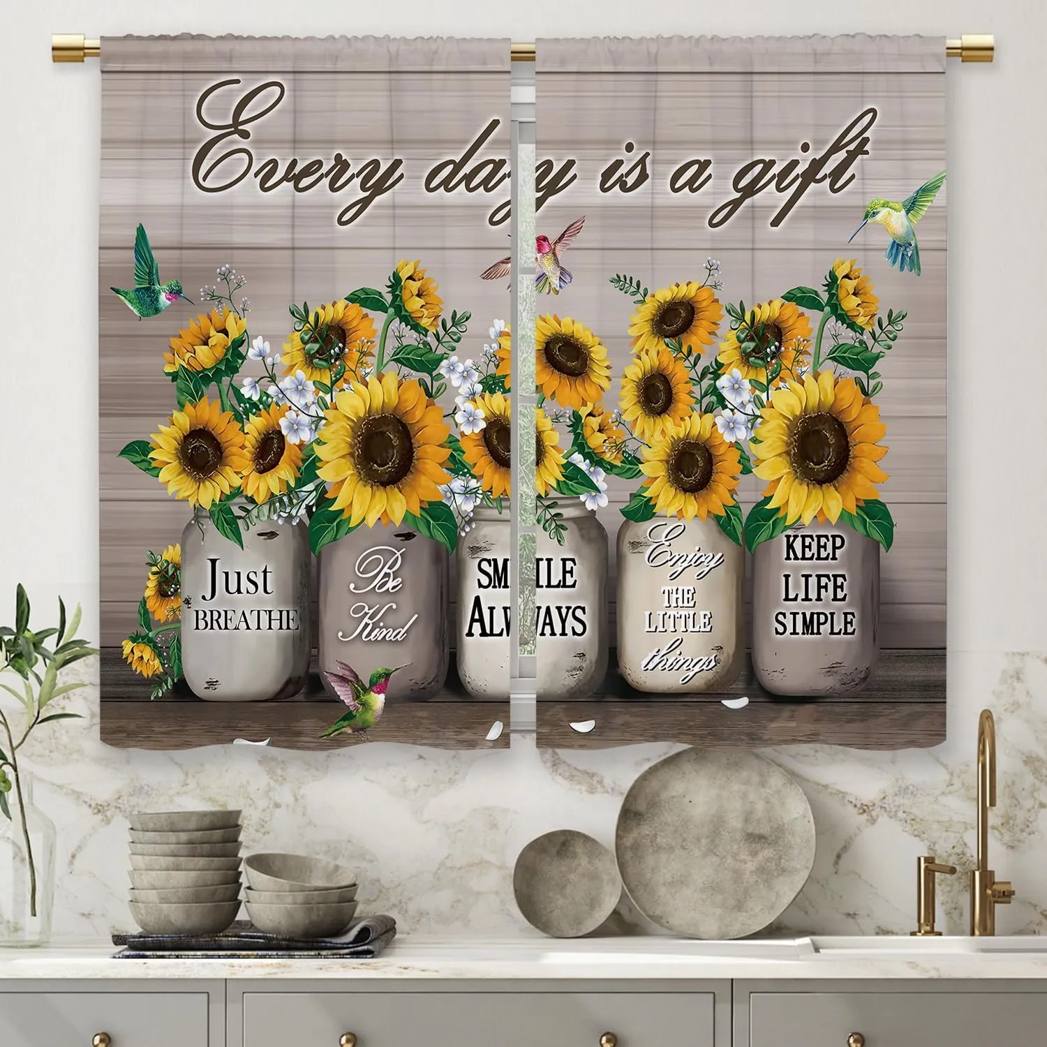 Farmhouse Sunflower Kitchen Curtains Rustic Flower Country Floral Small Short Cafe Window Curtains Vintage Brown Plank Wooden Bathroom Window Drapes Treatment Tier Curtains (27.5x39 Inch)