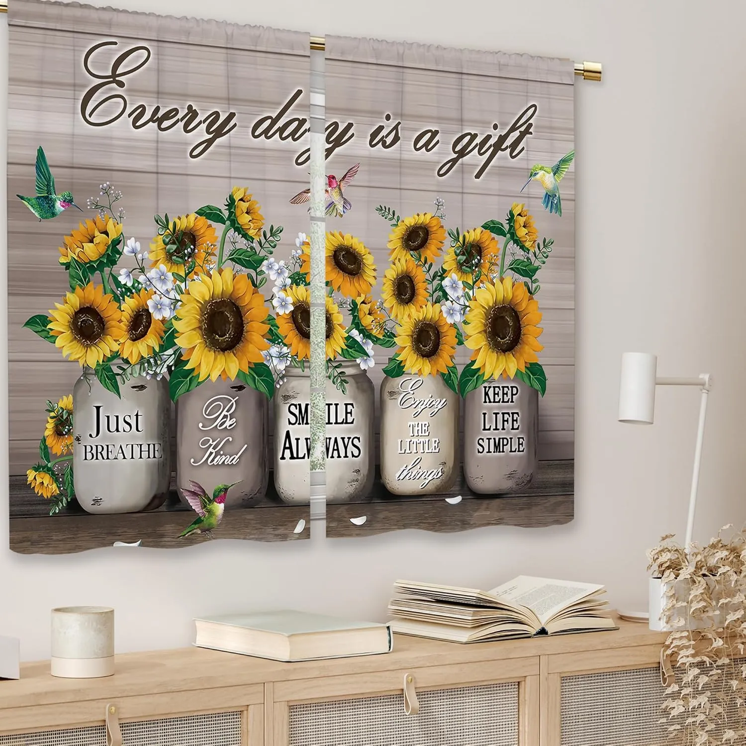 Farmhouse Sunflower Kitchen Curtains Rustic Flower Country Floral Small Short Cafe Window Curtains Vintage Brown Plank Wooden Bathroom Window Drapes Treatment Tier Curtains (27.5x39 Inch)