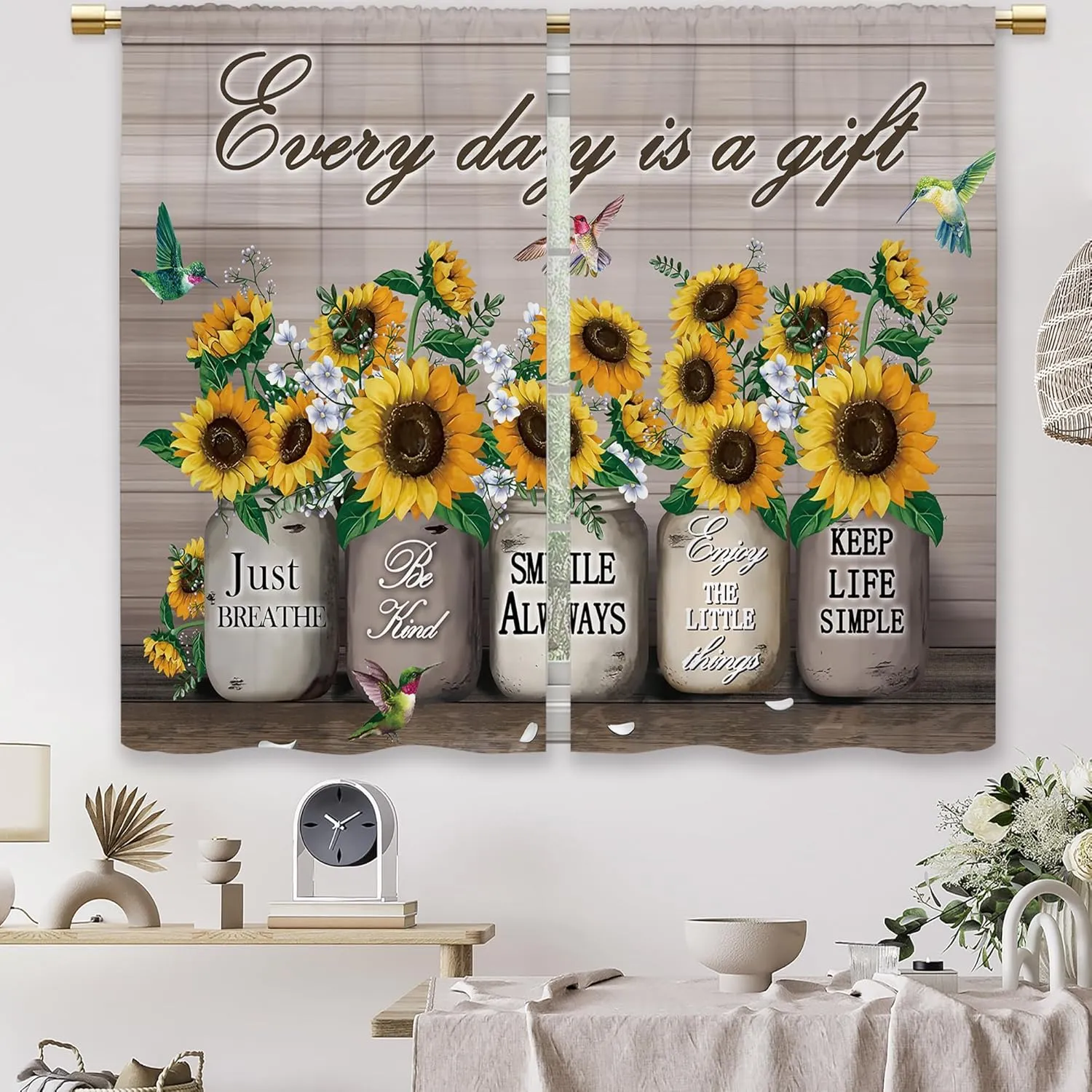 Farmhouse Sunflower Kitchen Curtains Rustic Flower Country Floral Small Short Cafe Window Curtains Vintage Brown Plank Wooden Bathroom Window Drapes Treatment Tier Curtains (27.5x39 Inch)