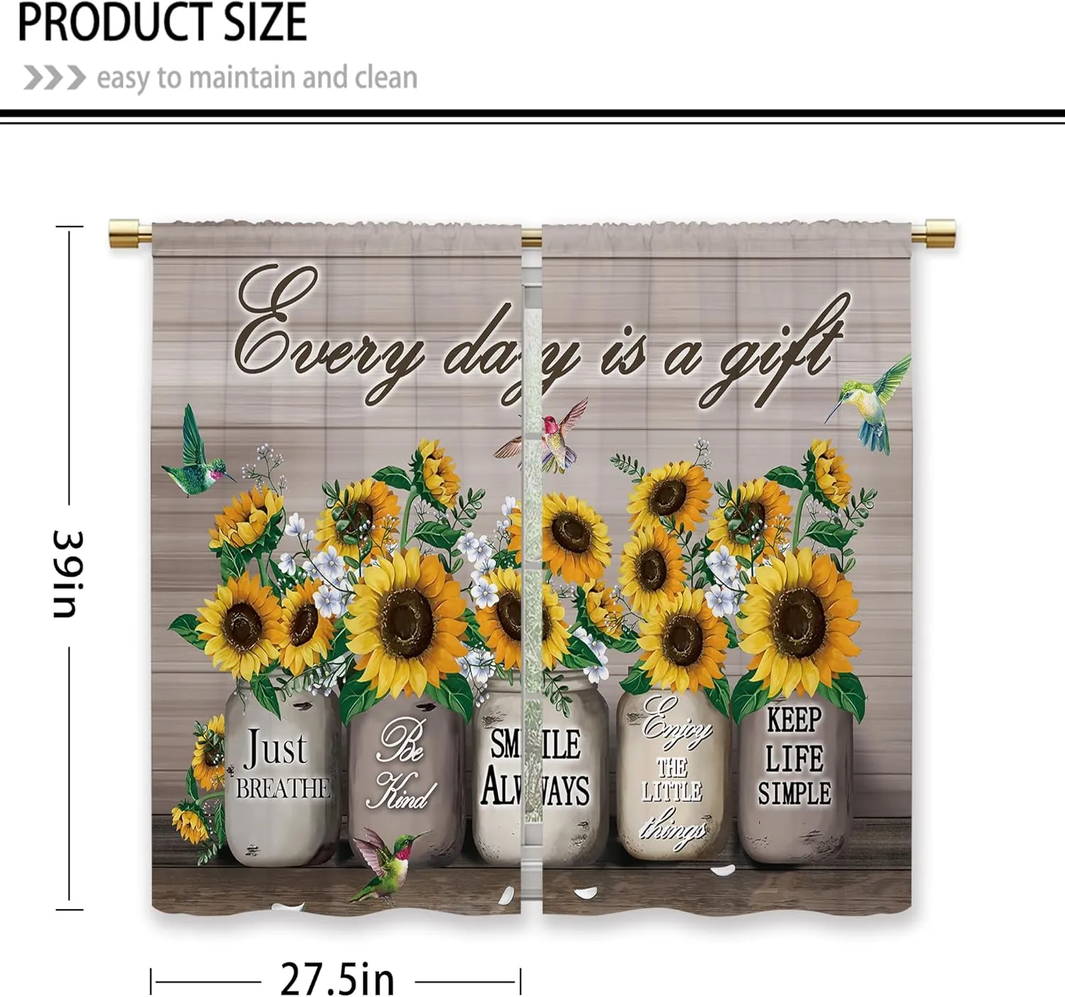 Farmhouse Sunflower Kitchen Curtains Rustic Flower Country Floral Small Short Cafe Window Curtains Vintage Brown Plank Wooden Bathroom Window Drapes Treatment Tier Curtains (27.5x39 Inch)