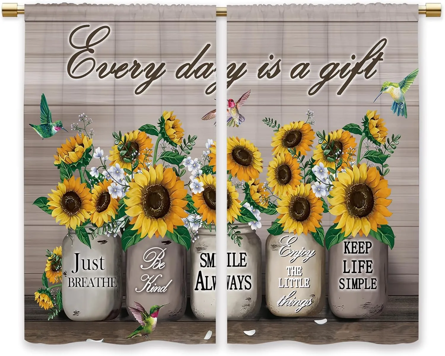 Farmhouse Sunflower Kitchen Curtains Rustic Flower Country Floral Small Short Cafe Window Curtains Vintage Brown Plank Wooden Bathroom Window Drapes Treatment Tier Curtains (27.5x39 Inch)