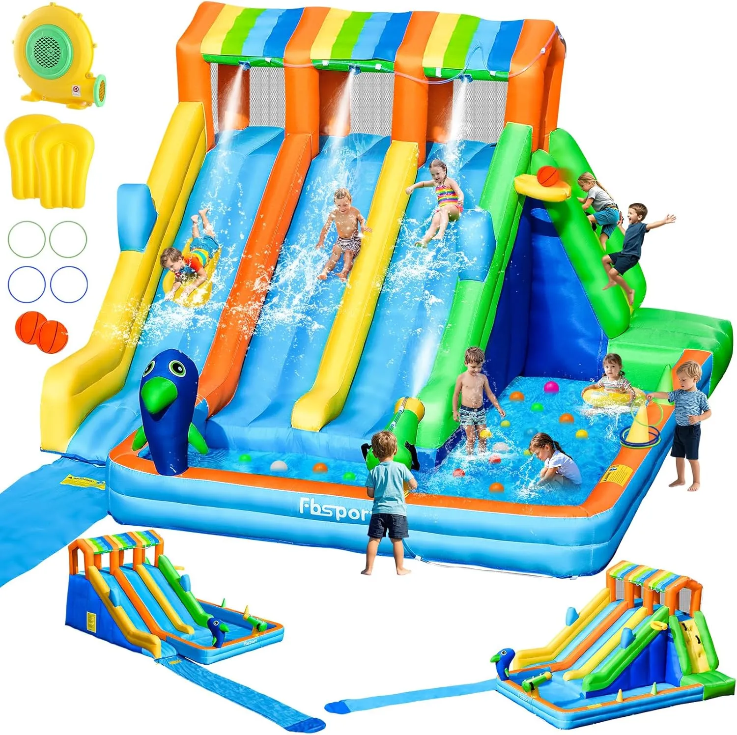 FBSPORT Inflatable Water Bounce House, Large Bounce Castle with 3 Slide for Kids, Inflatable Water Slide with Splash Pool, Climbing, Toss Rings, Basketball Hoop, Bouncy House for Outdoor Indoor