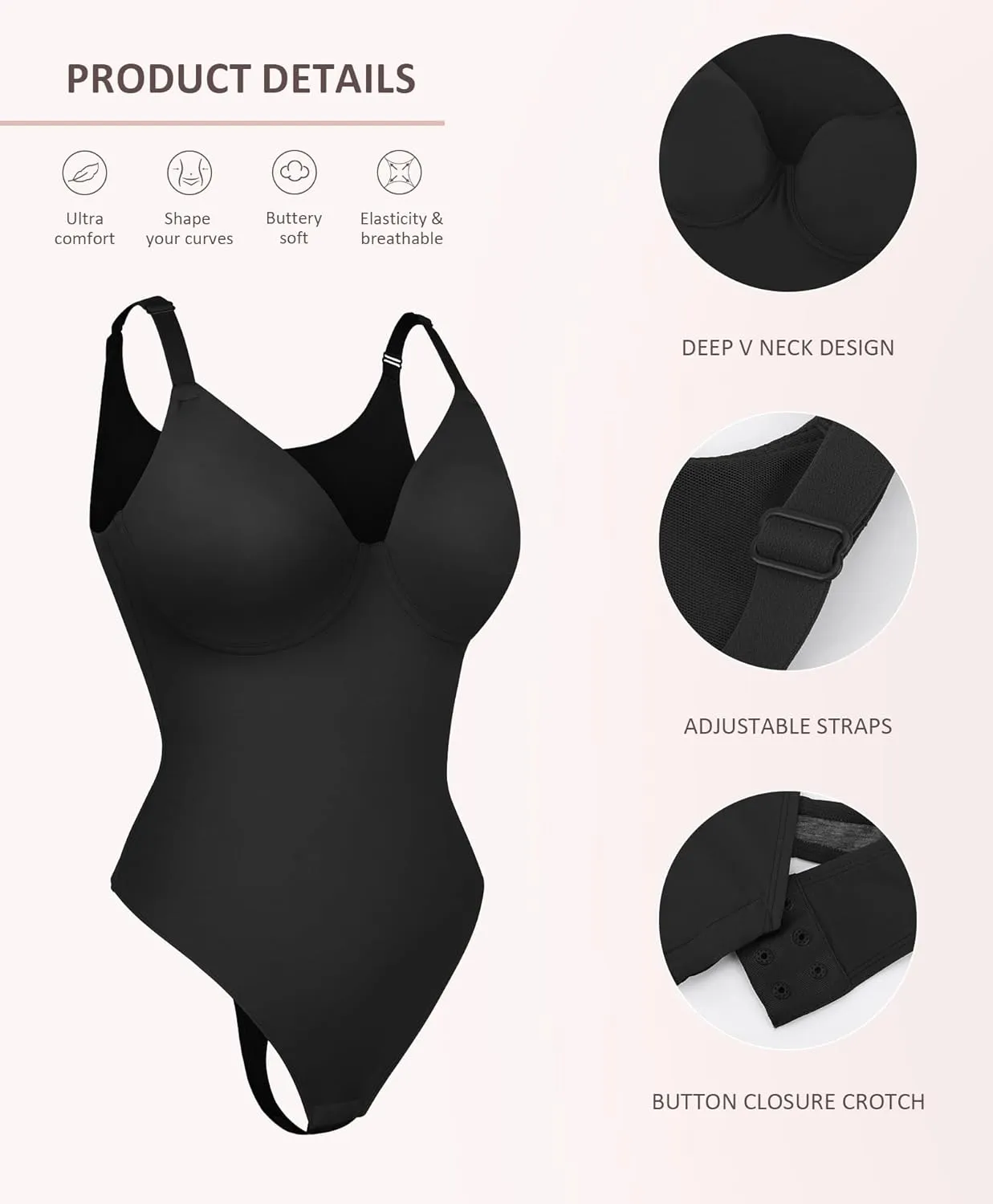 FeelinGirl Shapewear Bodysuits for Women Tummy Control, Thong Body Shaper Deep V Neck Sculpting Snatched Waist Body Suit