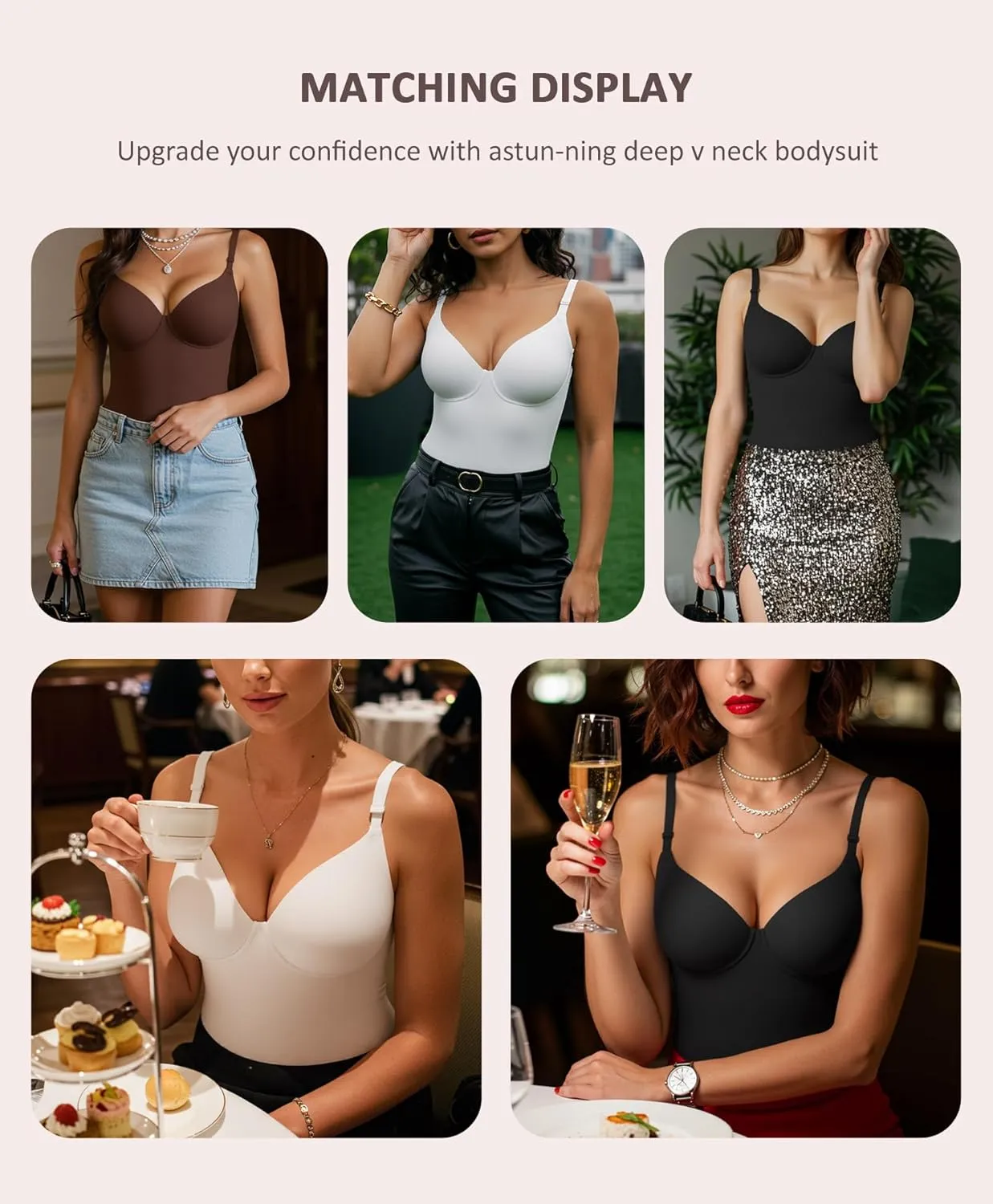 FeelinGirl Shapewear Bodysuits for Women Tummy Control, Thong Body Shaper Deep V Neck Sculpting Snatched Waist Body Suit