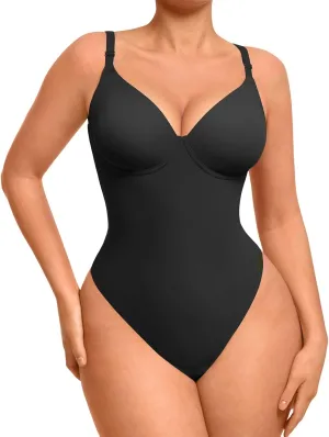 FeelinGirl Shapewear Bodysuits for Women Tummy Control, Thong Body Shaper Deep V Neck Sculpting Snatched Waist Body Suit