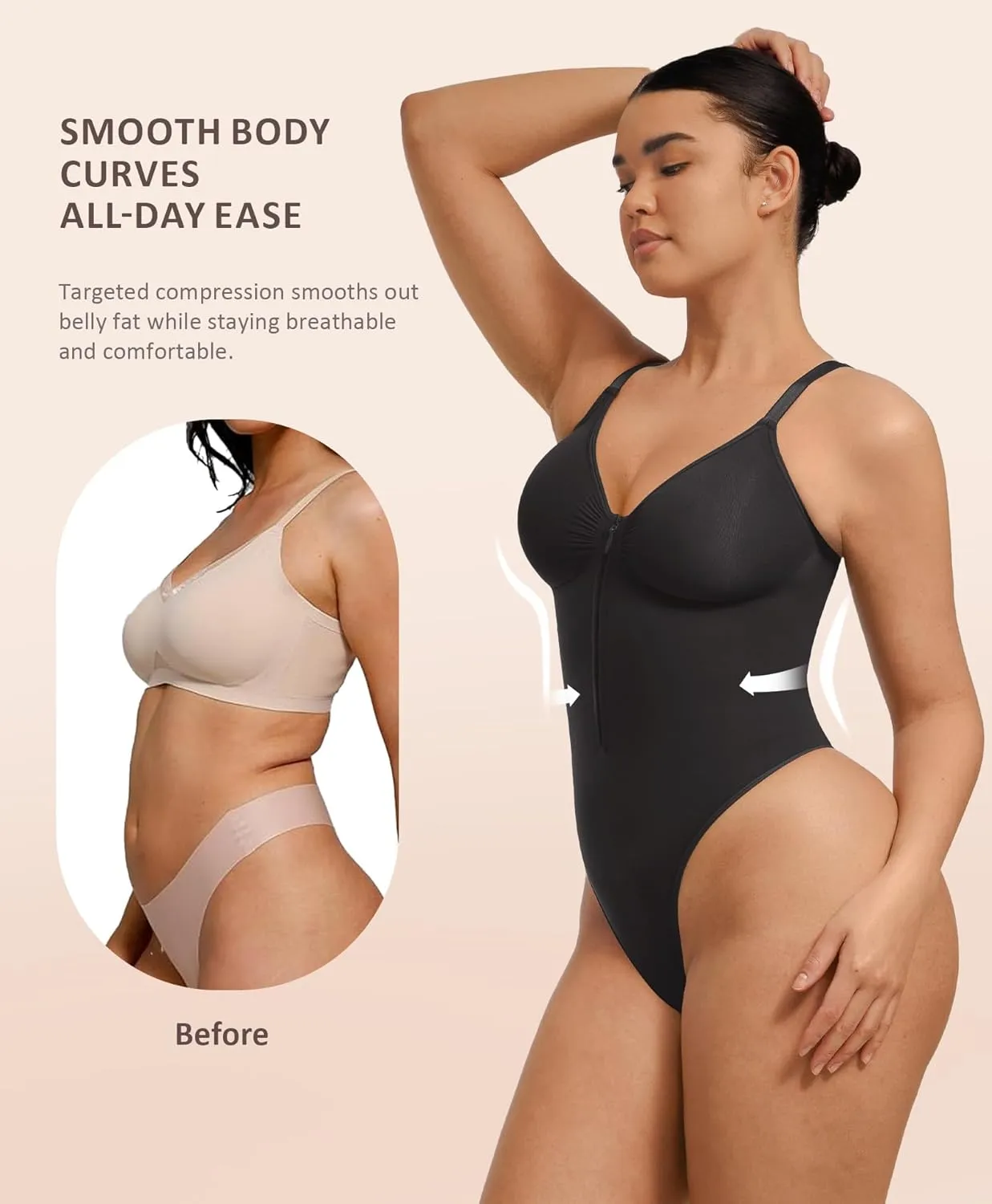 FeelinGirl Shapewear Bodysuits Tummy Control for Women: Seamless Zip-Up Thong Snatched Waist Body Suit V Neck Body Shaper