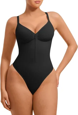 FeelinGirl Shapewear Bodysuits Tummy Control for Women: Seamless Zip-Up Thong Snatched Waist Body Suit V Neck Body Shaper