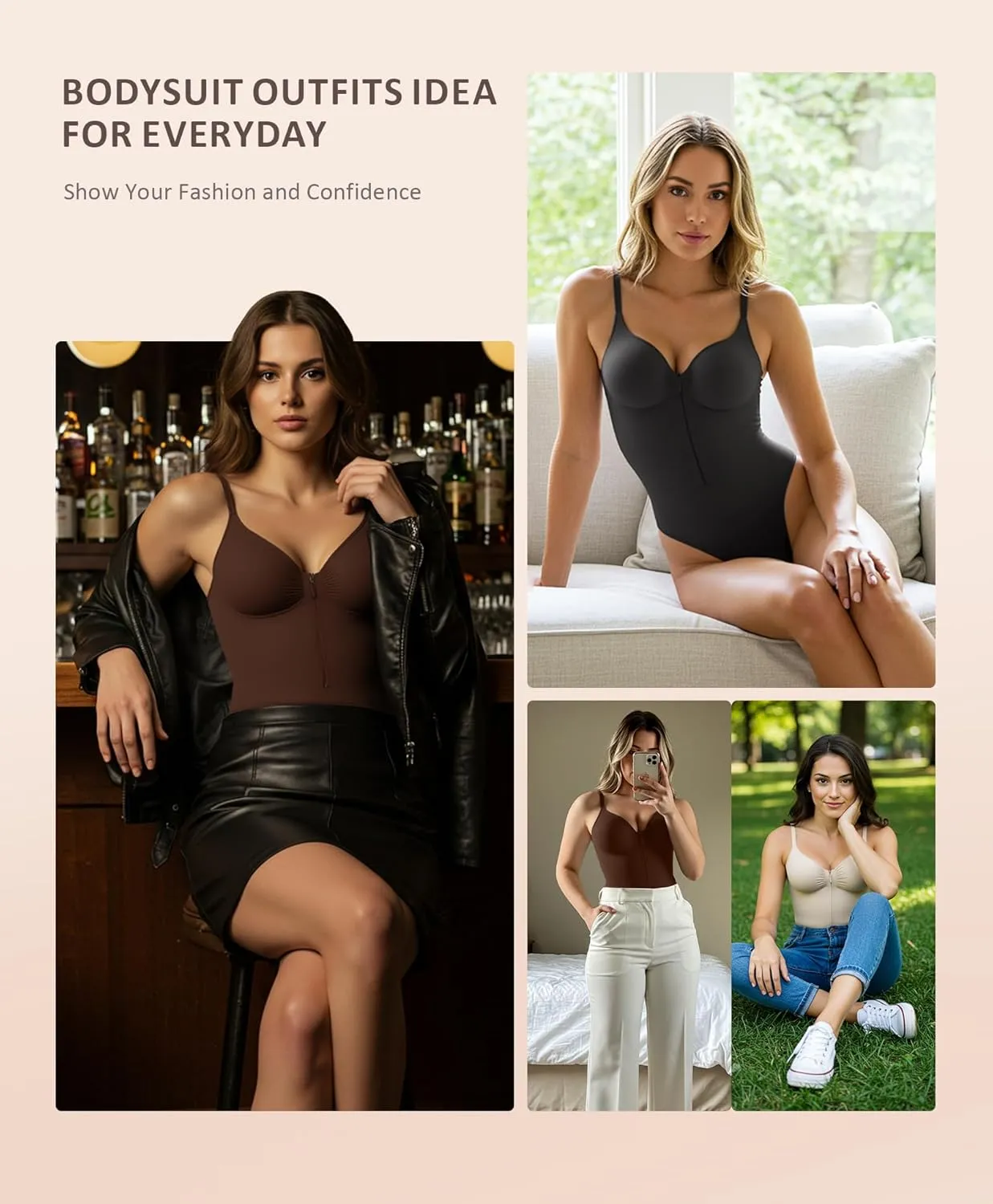FeelinGirl Shapewear Bodysuits Tummy Control for Women: Seamless Zip-Up Thong Snatched Waist Body Suit V Neck Body Shaper