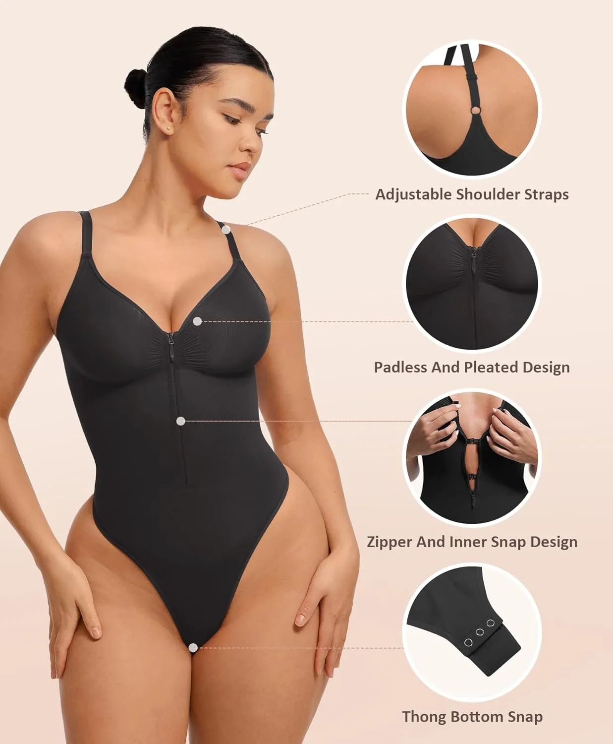 FeelinGirl Shapewear Bodysuits Tummy Control for Women: Seamless Zip-Up Thong Snatched Waist Body Suit V Neck Body Shaper