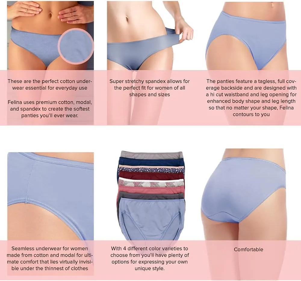 Felina Cotton Modal Hi Cut Panties - Sexy Lingerie Panties for Women - Underwear for Women 8-Pack