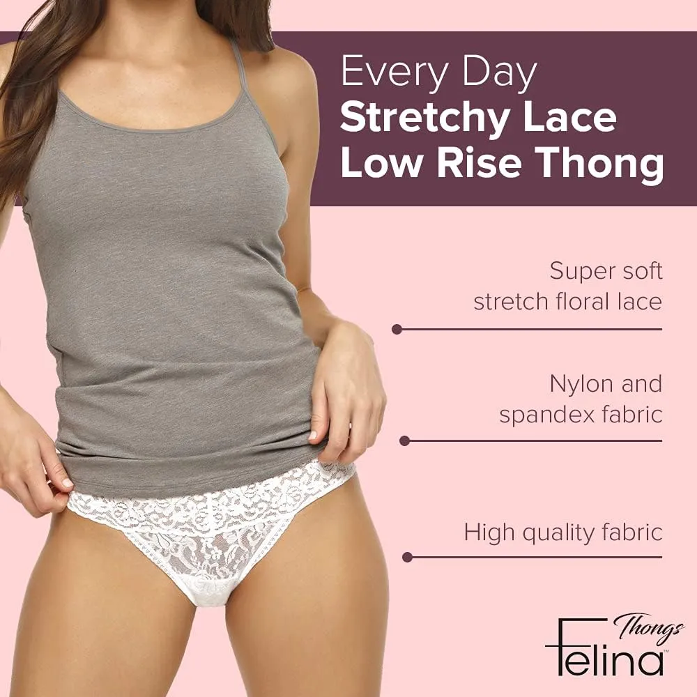 Felina Stretchy Lace Low Rise Thong - Sexy Underwear for Women, Thongs for Women, Seamless Panties for Women (6-Pack)