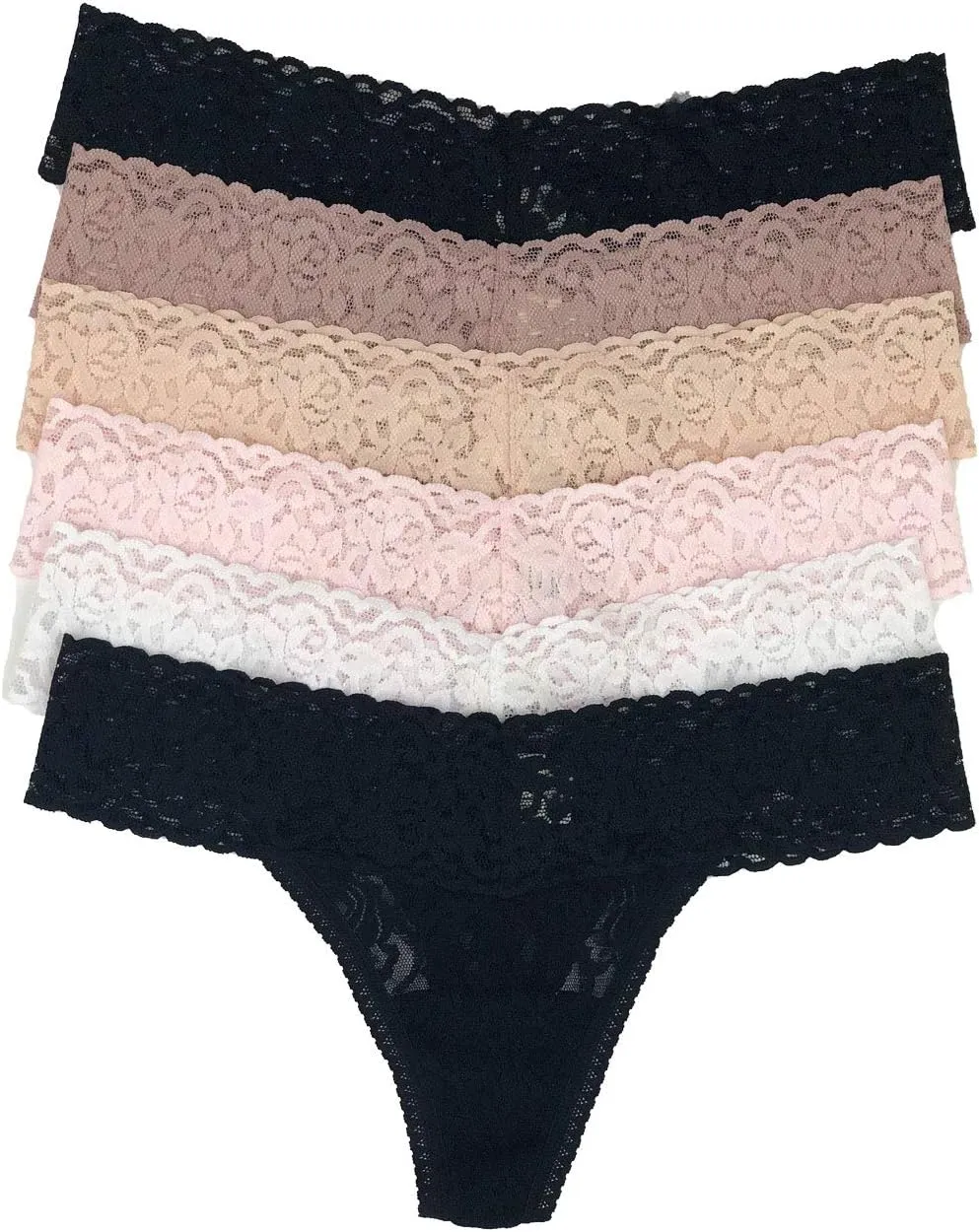 Felina Stretchy Lace Low Rise Thong - Sexy Underwear for Women, Thongs for Women, Seamless Panties for Women (6-Pack)