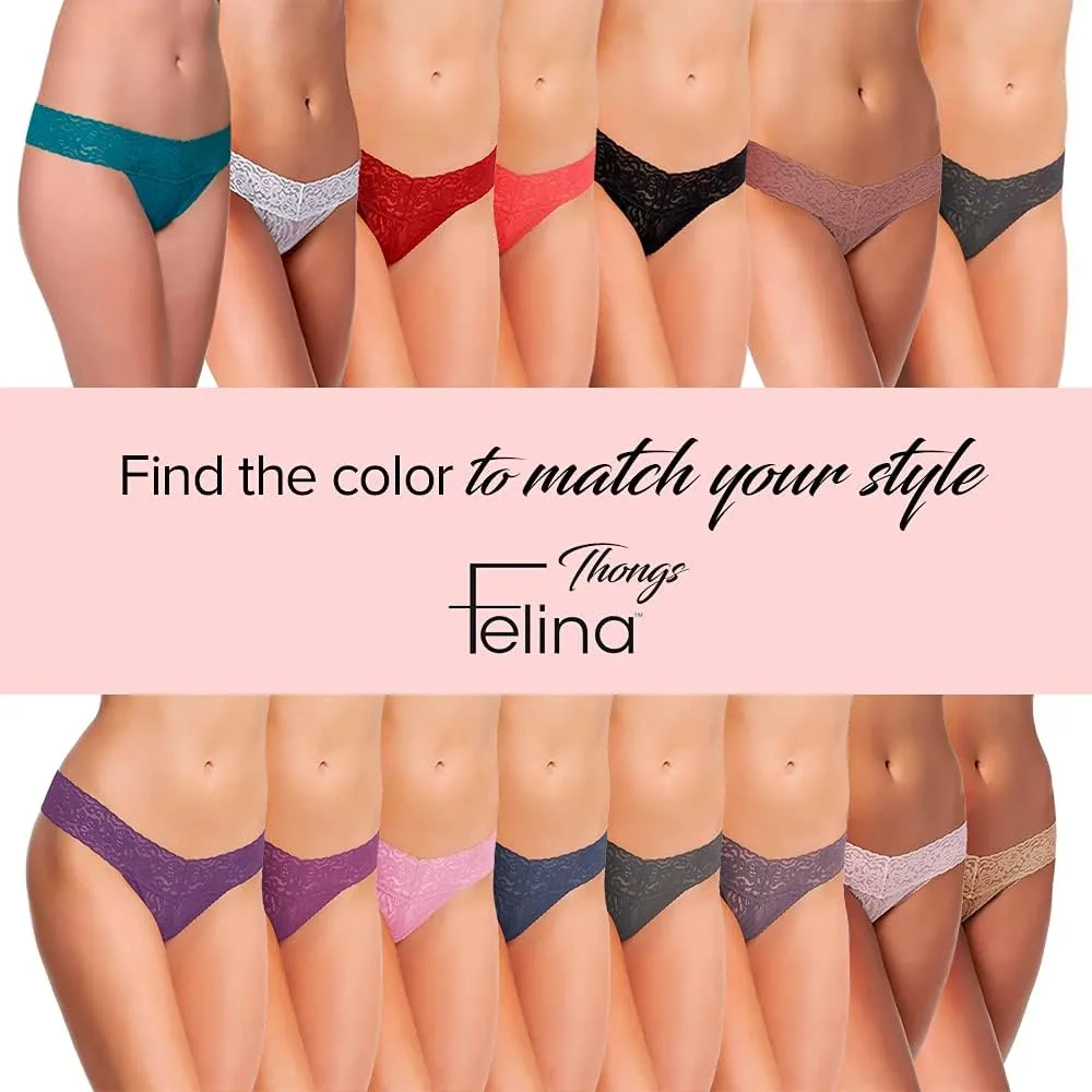 Felina Stretchy Lace Low Rise Thong - Sexy Underwear for Women, Thongs for Women, Seamless Panties for Women (6-Pack)