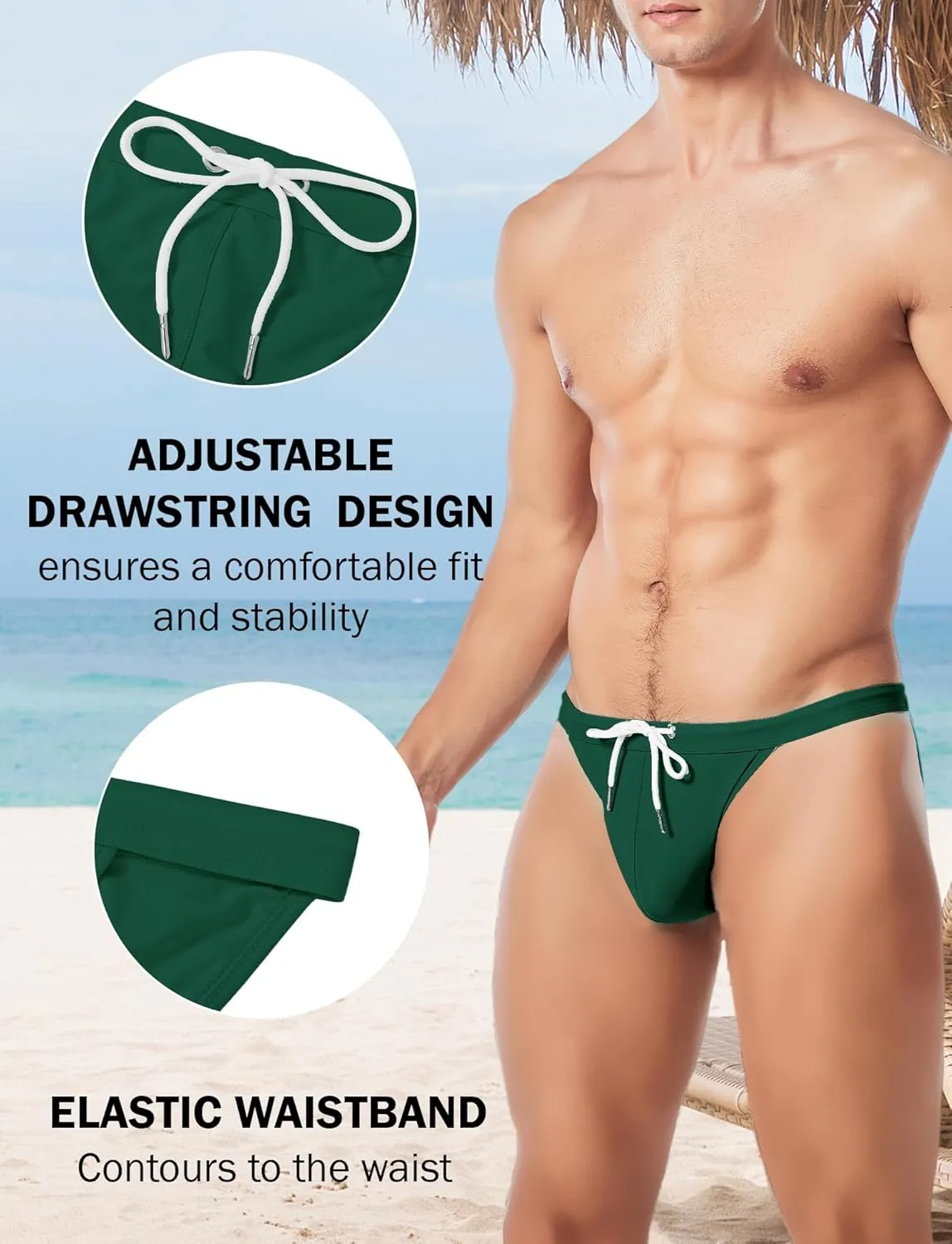 FEOYA Men’s Sexy Swim Briefs Low Rise Drawstring Swimwear Bikini Thong for Surfing Swimming Beach