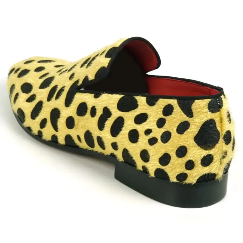 Fiesso FI-7532 Black Gold Leopard Print Pony Hair Slip On Loafers