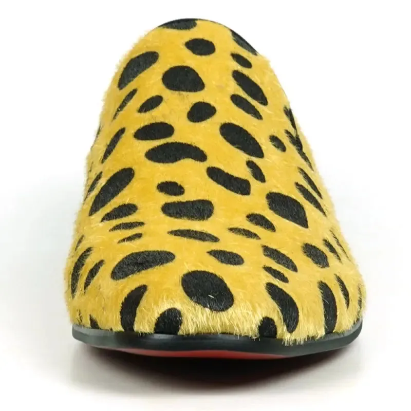 Fiesso FI-7532 Black Gold Leopard Print Pony Hair Slip On Loafers