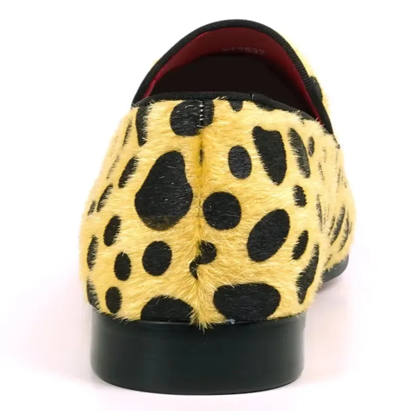 Fiesso FI-7532 Black Gold Leopard Print Pony Hair Slip On Loafers