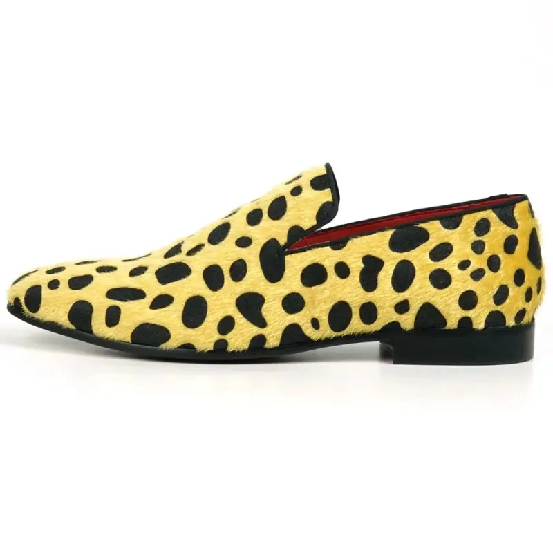 Fiesso FI-7532 Black Gold Leopard Print Pony Hair Slip On Loafers