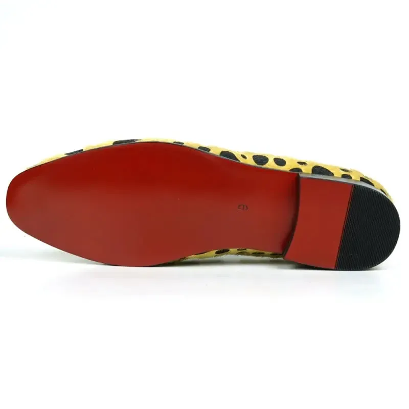 Fiesso FI-7532 Black Gold Leopard Print Pony Hair Slip On Loafers