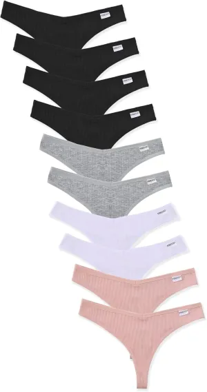 FINETOO 10 Pack Thongs for Women Cotton Underwear V String Breathable Stretch Hipster Sexy Thong Panties S-XL