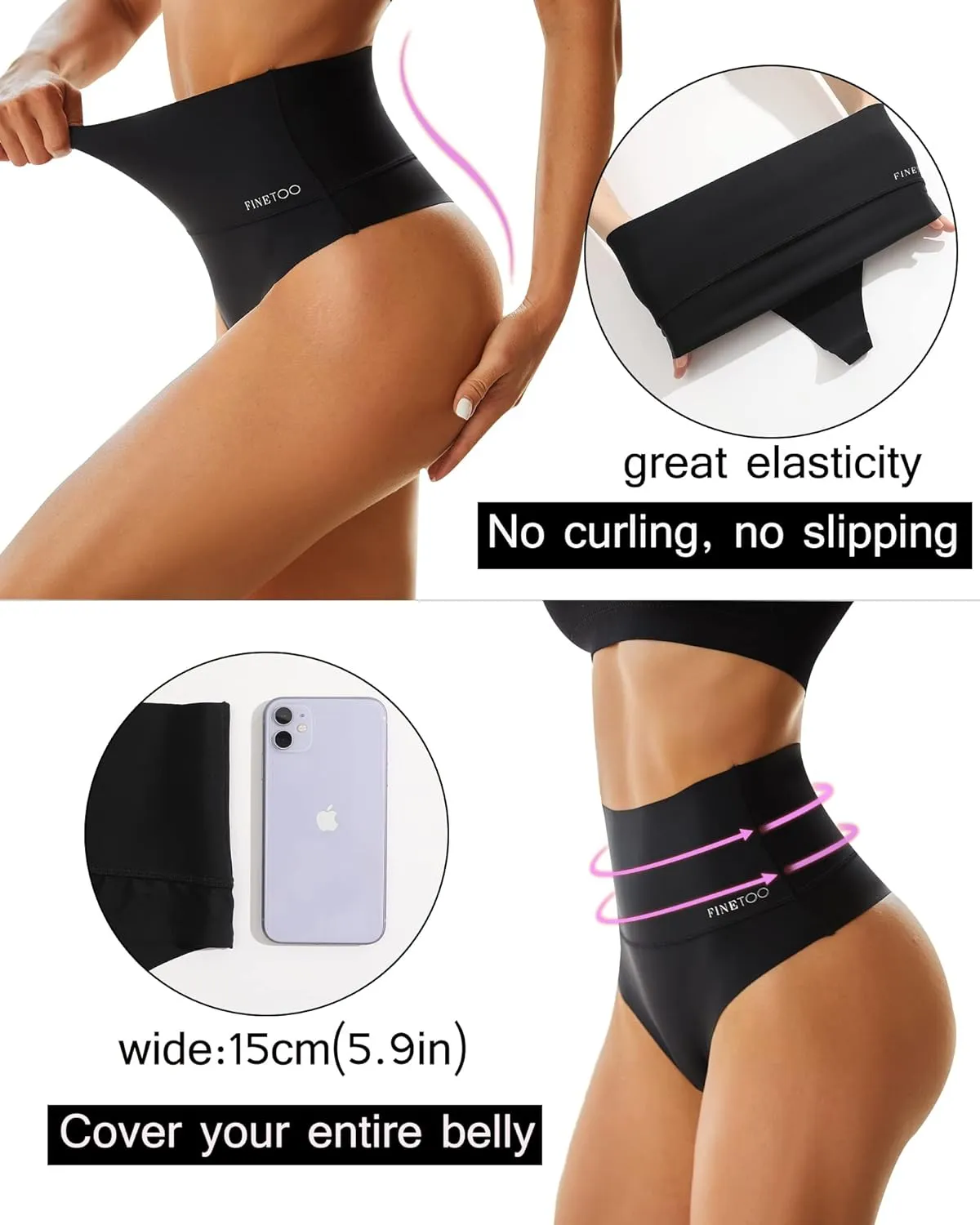 FINETOO High Waisted Thongs for Women Tummy Control Underwear Soft Nylon Stretchy No Show High Rise Thong Panties 4 Pack