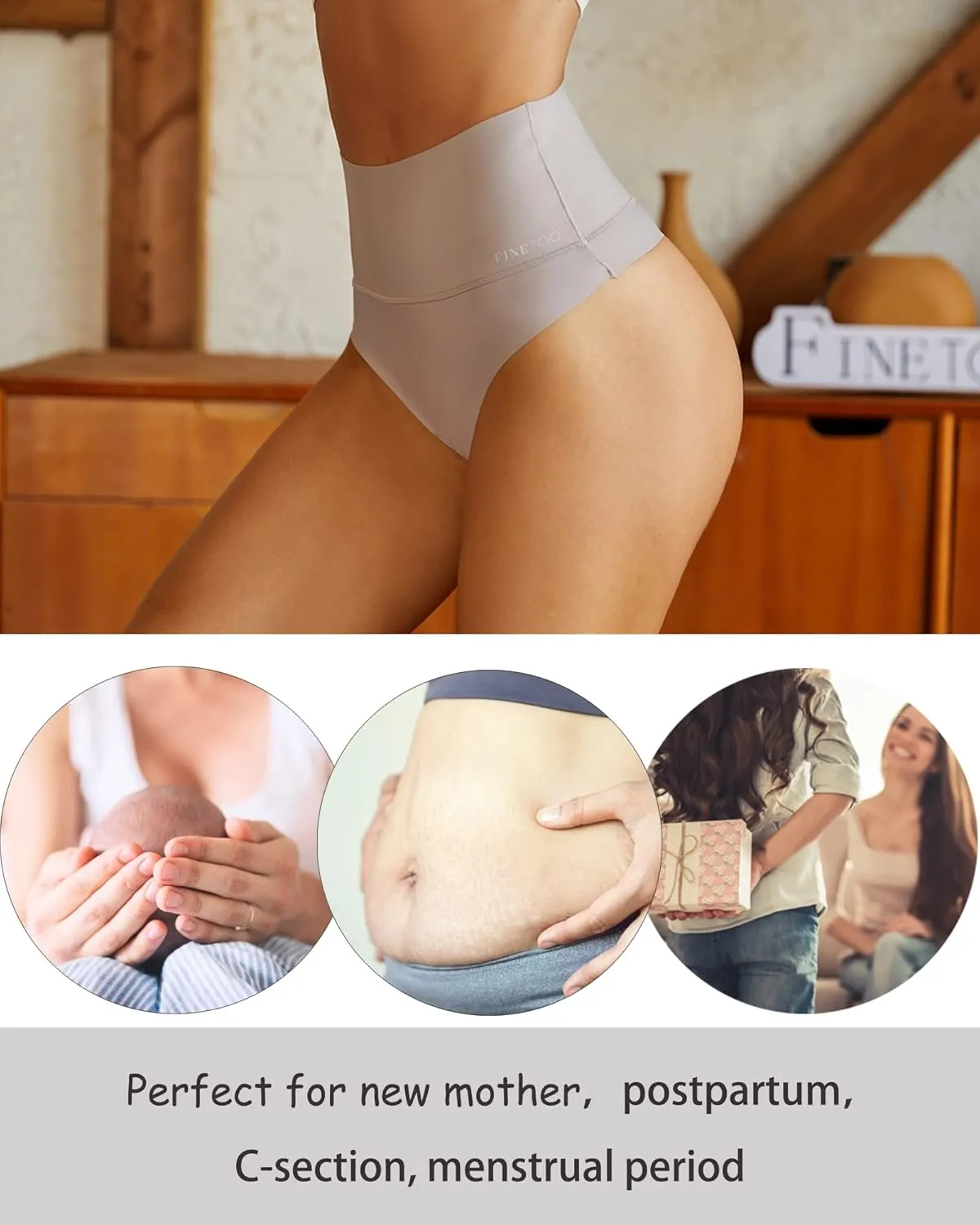FINETOO High Waisted Thongs for Women Tummy Control Underwear Soft Nylon Stretchy No Show High Rise Thong Panties 4 Pack