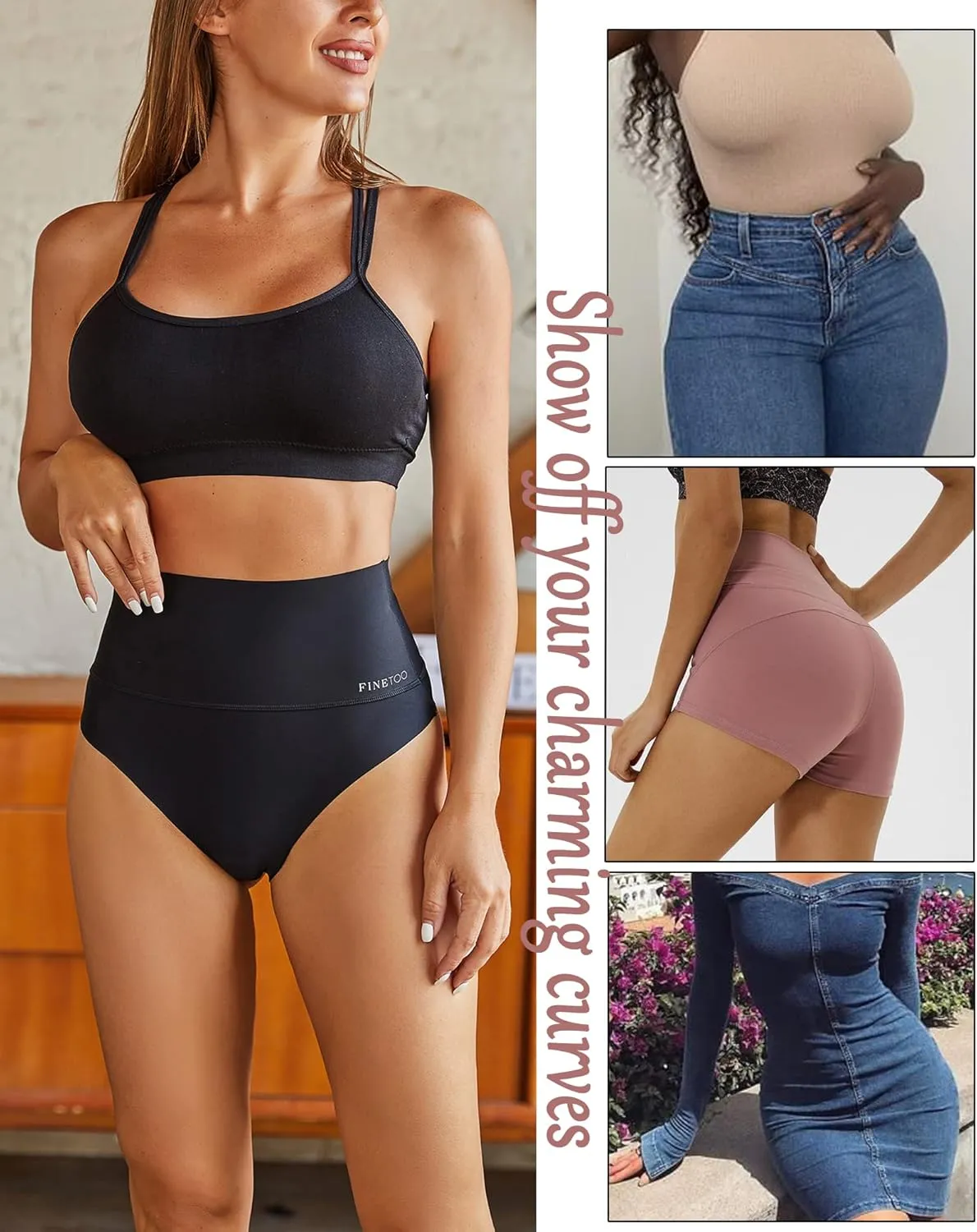 FINETOO High Waisted Thongs for Women Tummy Control Underwear Soft Nylon Stretchy No Show High Rise Thong Panties 4 Pack