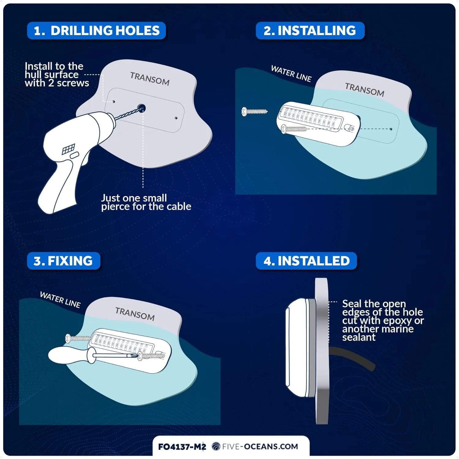 Five Oceans 2-Pack Underwater Boat Lights - Underwater Lights for Boat, Boat Cockpit Light, White LED High Power 1700LM, Marine-Grade 316 Stainless Steel Bezel, 12V DC, Waterproof IP68 - FO4137-M2