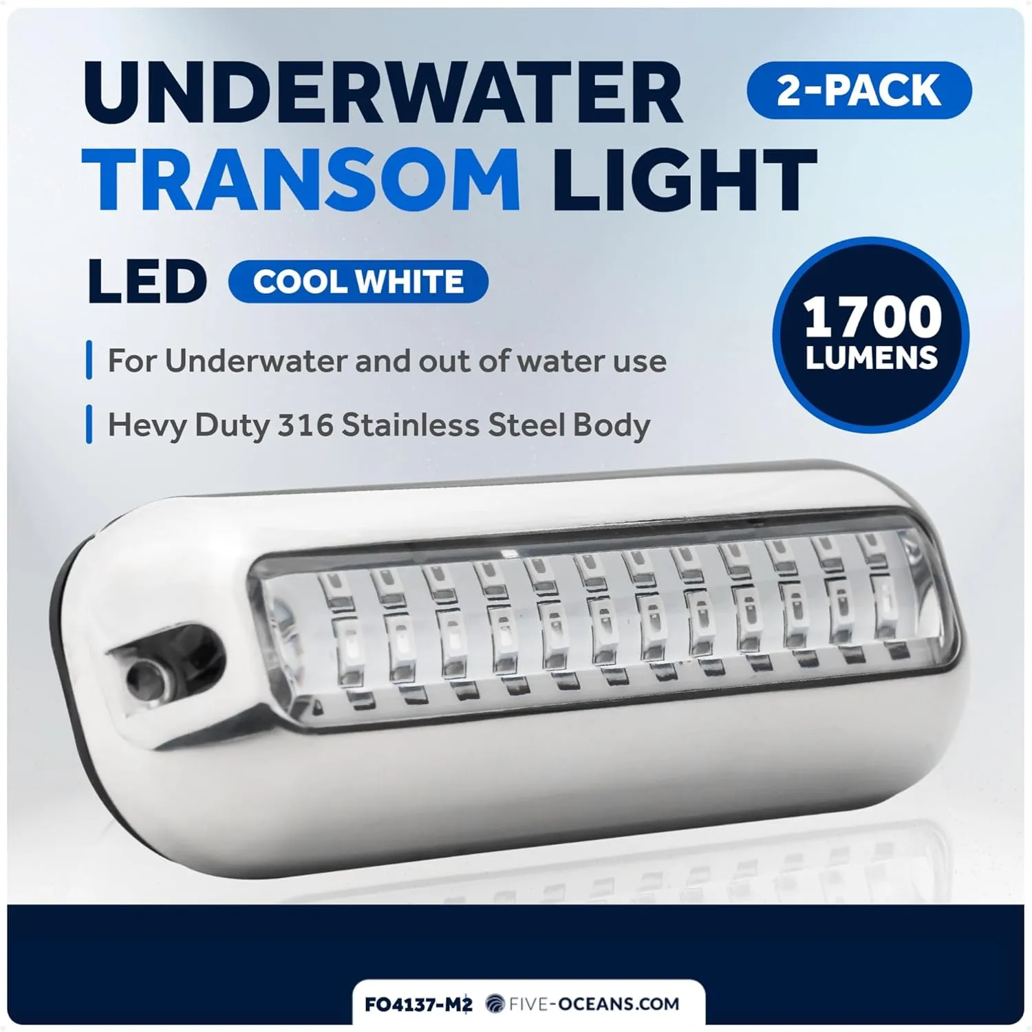Five Oceans 2-Pack Underwater Boat Lights - Underwater Lights for Boat, Boat Cockpit Light, White LED High Power 1700LM, Marine-Grade 316 Stainless Steel Bezel, 12V DC, Waterproof IP68 - FO4137-M2
