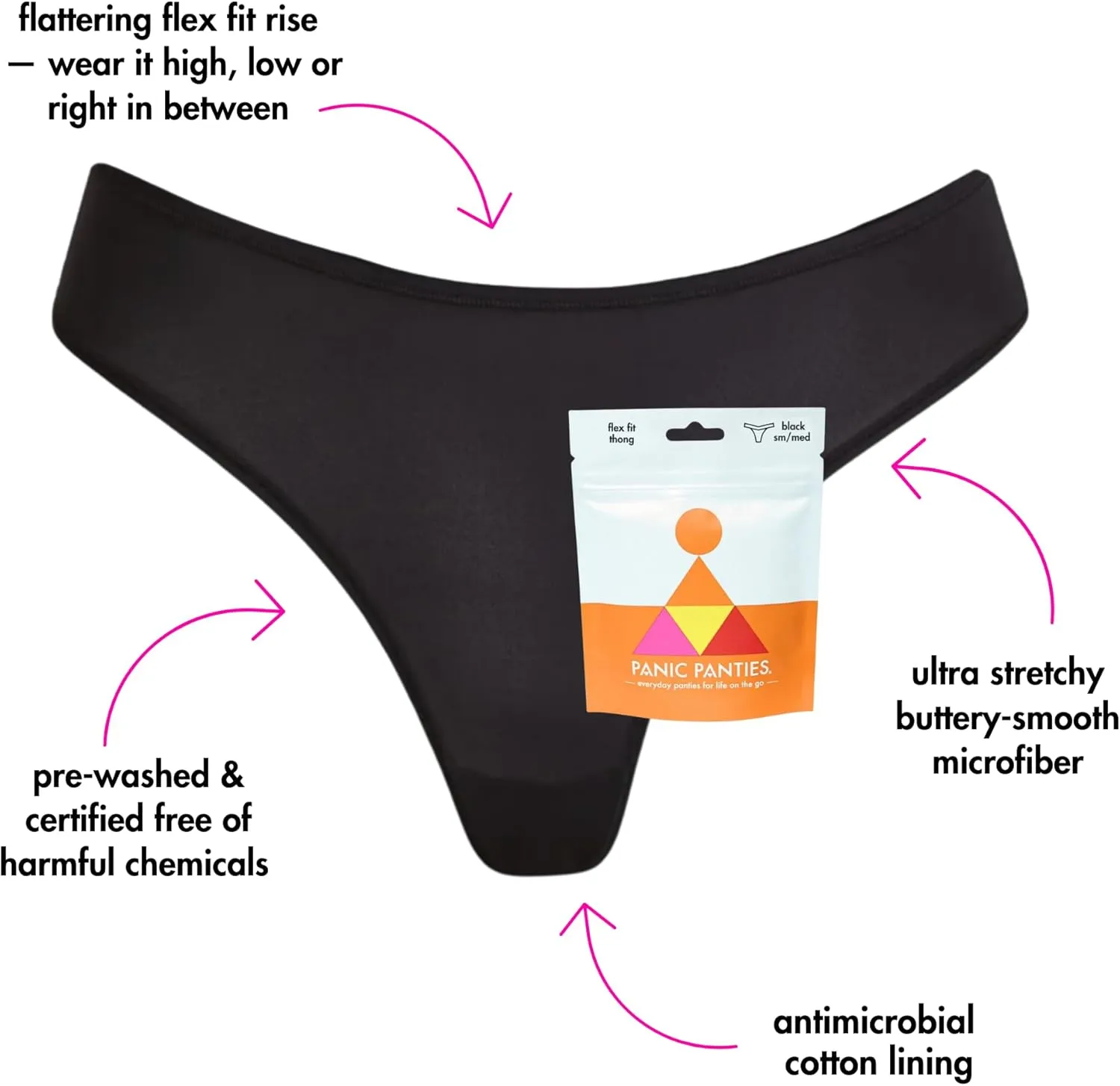 Flex Fit Thong - Women’s Thong for Purse - On-the-Go Emergency Underwear - 4 Pack - Black