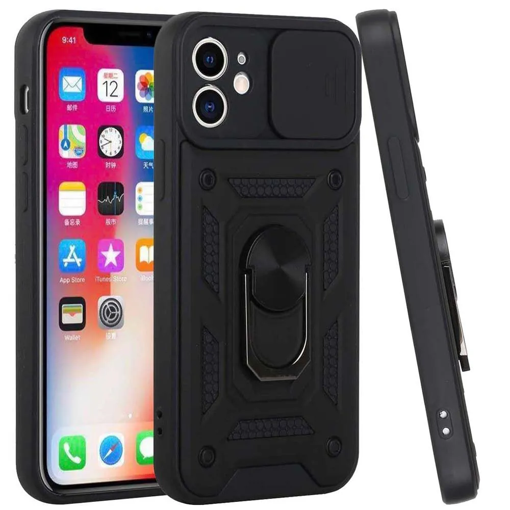 For Apple iPhone 14 Pro Max (6.7") Hybrid Cases with Slide Camera Lens Cover, Ring Holder Kickstand Rugged Dual Layer  Phone Case Cover