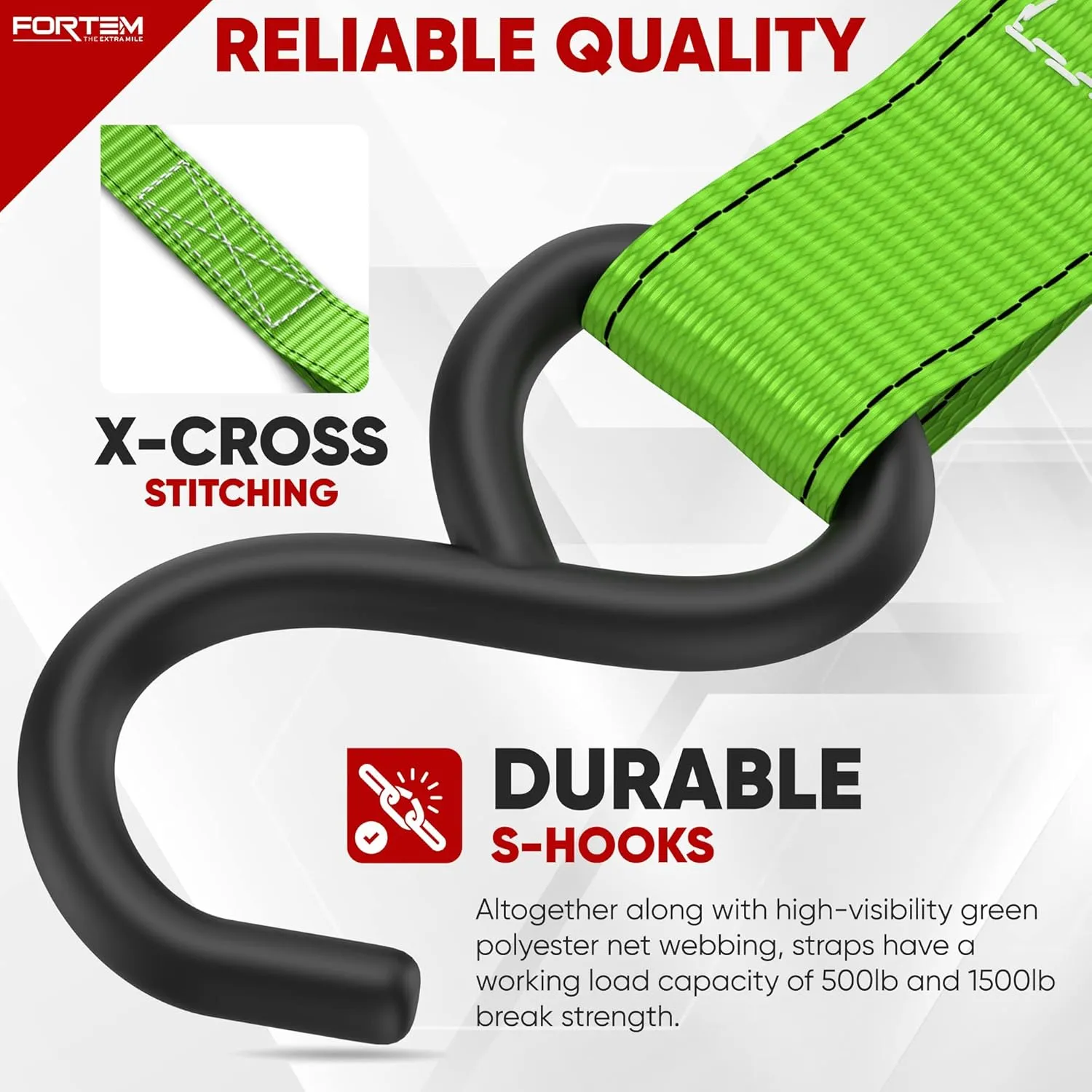 FORTEM Ratchet Straps, 1650lb Break Strength, 4 Pack 15ft x 1in Tie Down Strap Set, 4 Soft Loops, Motorcycle Straps Tie Downs, Cargo Cam Buckles for Trucks, Rubber Handles, Carry Bag