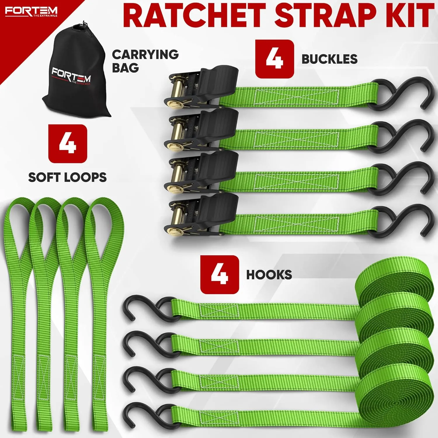 FORTEM Ratchet Straps, 1650lb Break Strength, 4 Pack 15ft x 1in Tie Down Strap Set, 4 Soft Loops, Motorcycle Straps Tie Downs, Cargo Cam Buckles for Trucks, Rubber Handles, Carry Bag