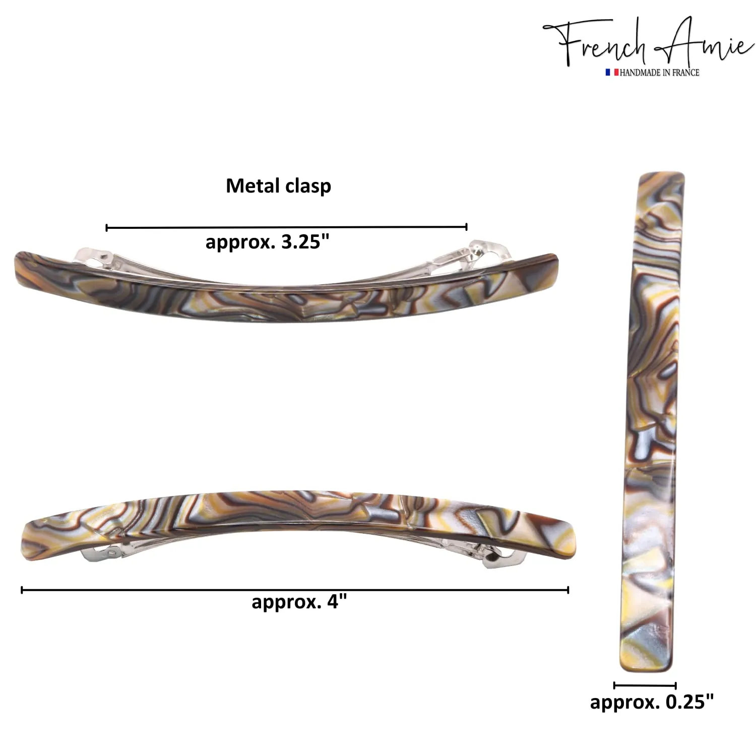 French Amie Long and Thin Large 4" Celluloid Automatic Handmade Hair Clip for Girls Strong Hold No Slip Grip Hair Claw Clips for Women, Made in France (Onyx)