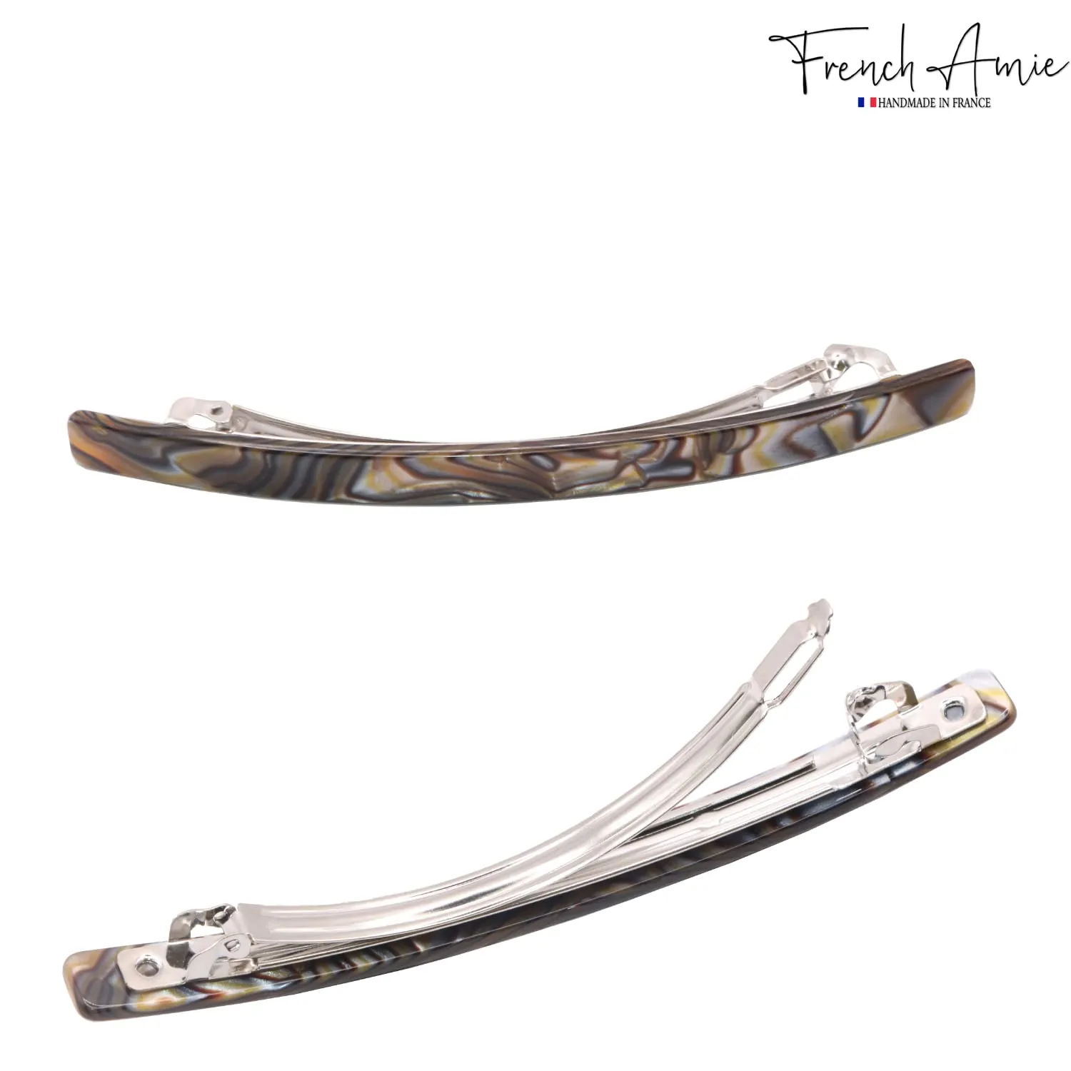 French Amie Long and Thin Large 4" Celluloid Automatic Handmade Hair Clip for Girls Strong Hold No Slip Grip Hair Claw Clips for Women, Made in France (Onyx)