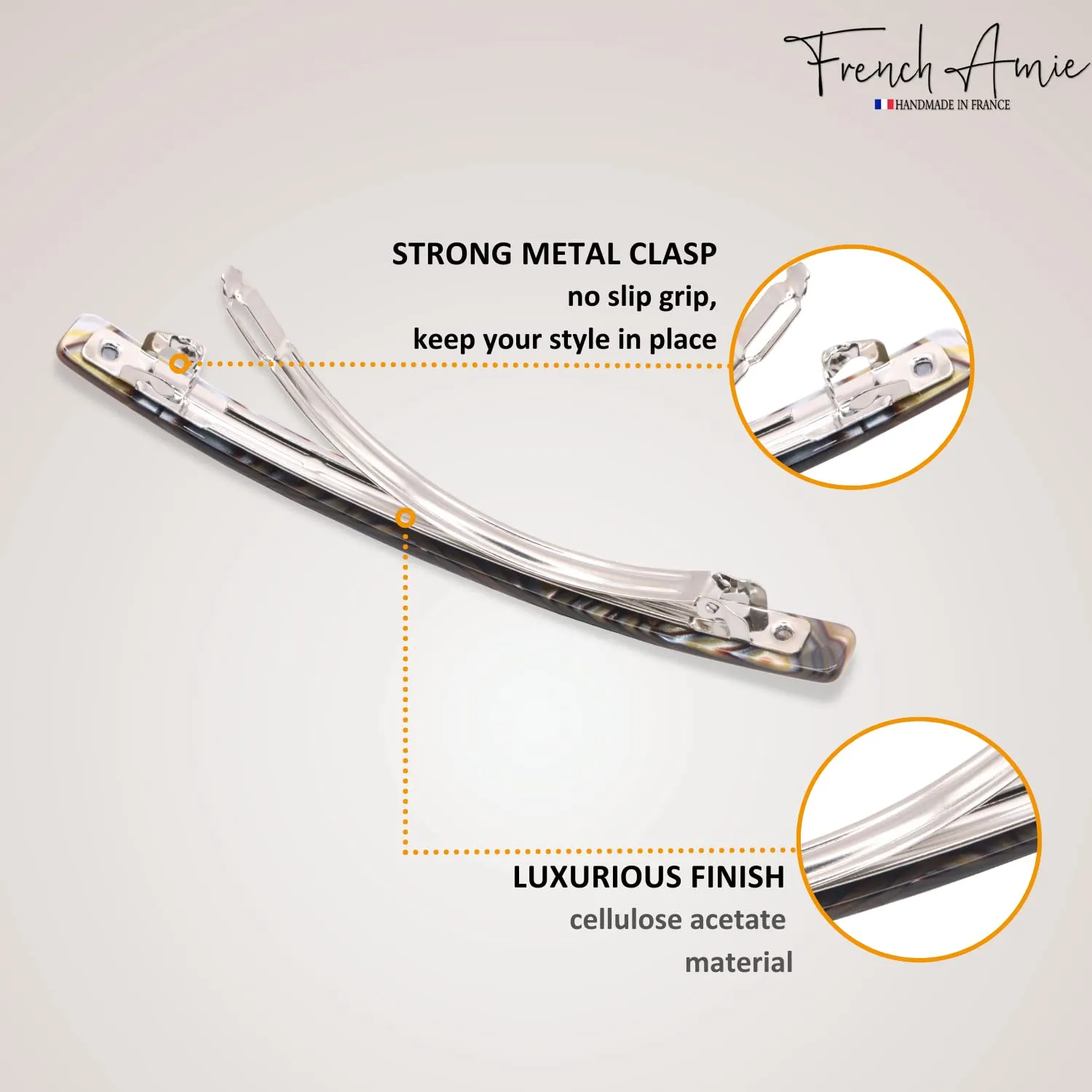 French Amie Long and Thin Large 4" Celluloid Automatic Handmade Hair Clip for Girls Strong Hold No Slip Grip Hair Claw Clips for Women, Made in France (Onyx)