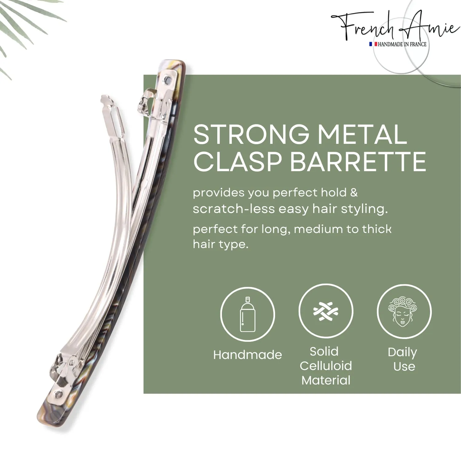French Amie Long and Thin Large 4" Celluloid Automatic Handmade Hair Clip for Girls Strong Hold No Slip Grip Hair Claw Clips for Women, Made in France (Onyx)
