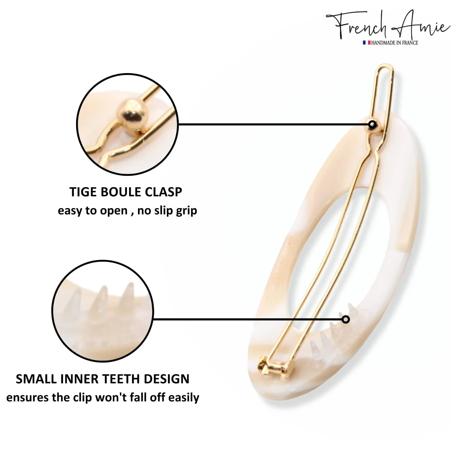 French Amie Oval Small 2 1/4” Ivory Celluloid Acetate Side Slide In Strong Hold Hair Clip Barrettes with Tige Boule Clasp for Girls and Women, Made in France