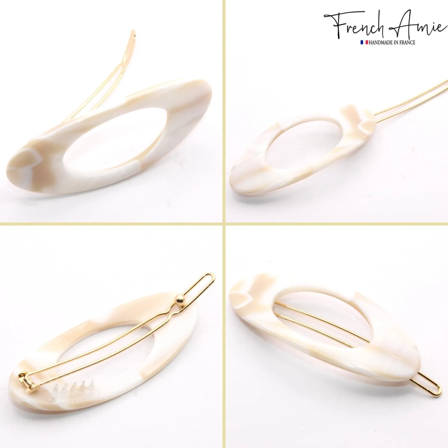 French Amie Oval Small 2 1/4” Ivory Celluloid Acetate Side Slide In Strong Hold Hair Clip Barrettes with Tige Boule Clasp for Girls and Women, Made in France