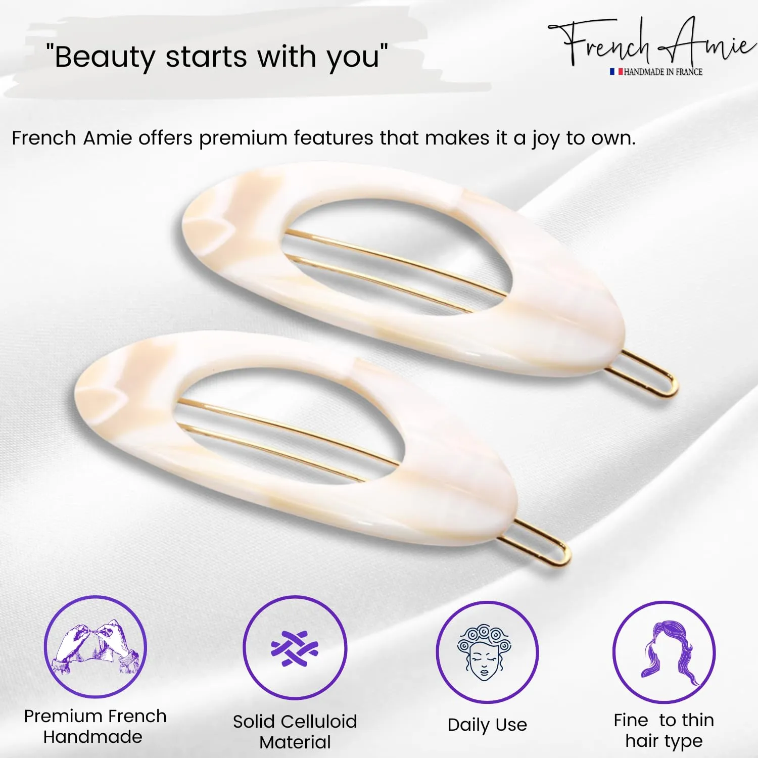 French Amie Oval Small 2 1/4” Ivory Celluloid Acetate Side Slide In Strong Hold Hair Clip Barrettes with Tige Boule Clasp for Girls and Women, Made in France