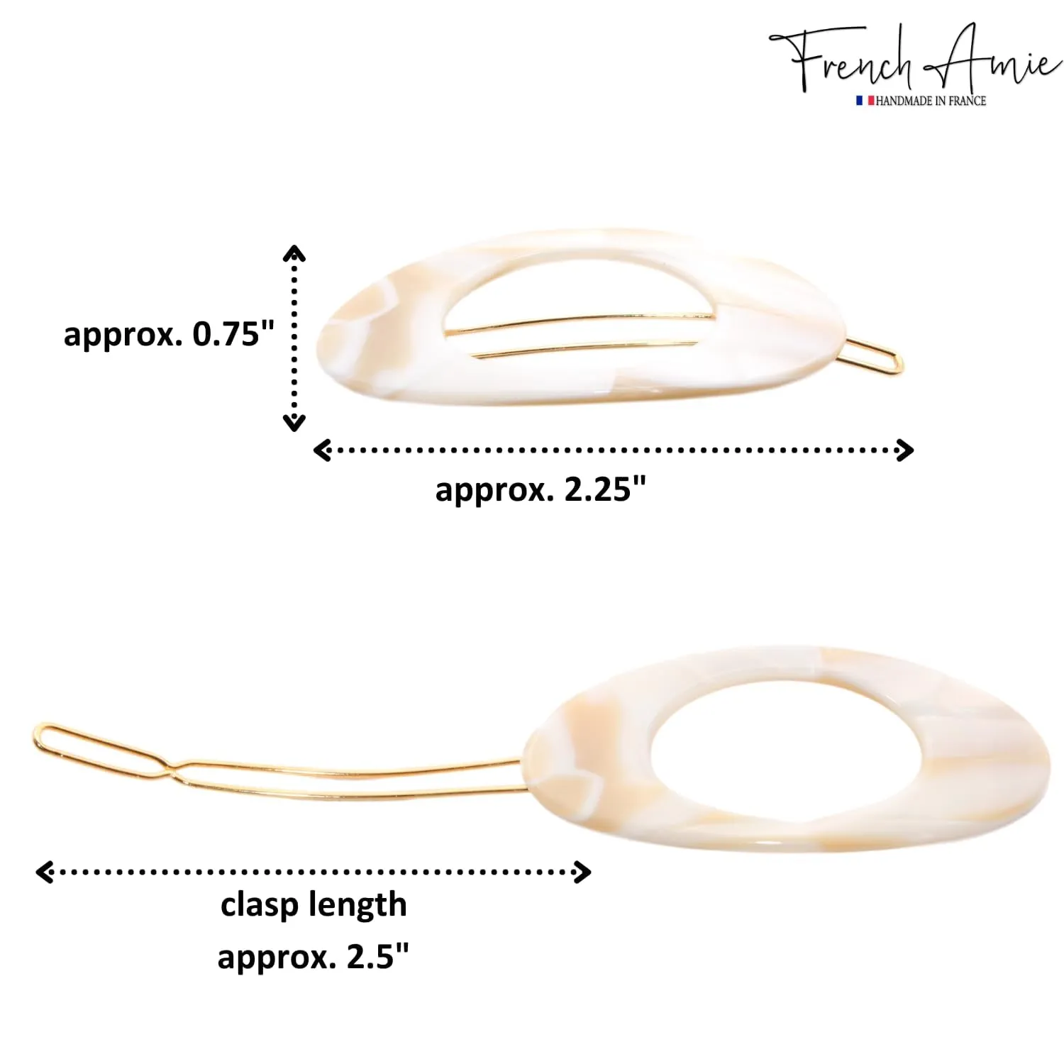 French Amie Oval Small 2 1/4” Ivory Celluloid Acetate Side Slide In Strong Hold Hair Clip Barrettes with Tige Boule Clasp for Girls and Women, Made in France